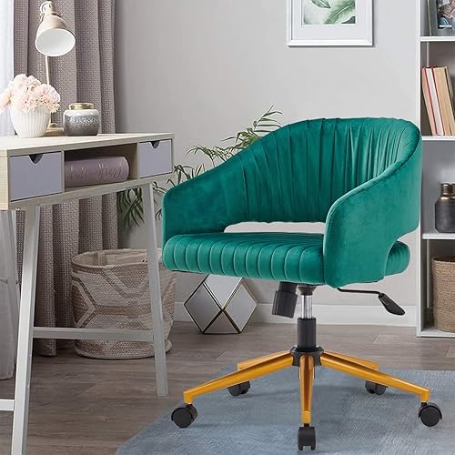 Silla de oficina en casa, silla de escritorio giratoria de terciopelo, moderna y bonita silla de escritorio verde con base dorada para niñas y