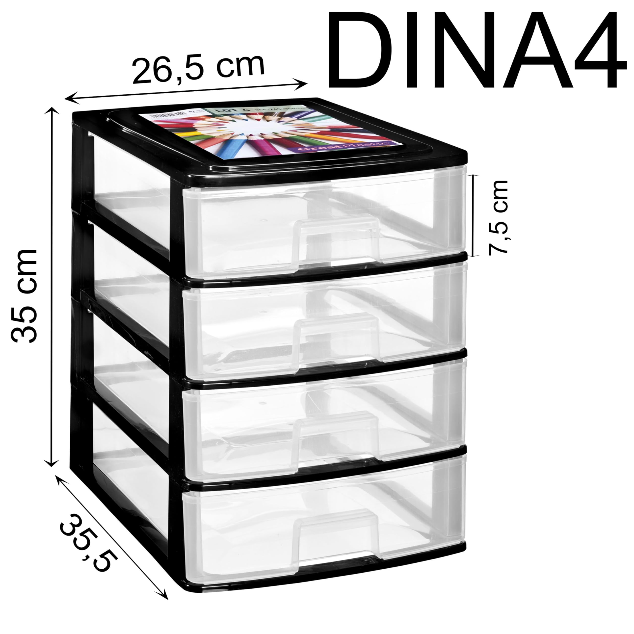Schubladenbox DIN A4 mit 4 Schubladen 35,5x26,5x35 cm - schwarz-transparent Kunststoff Drawer Tower Box Organizer für Schreibtisch Easy-Pull-System