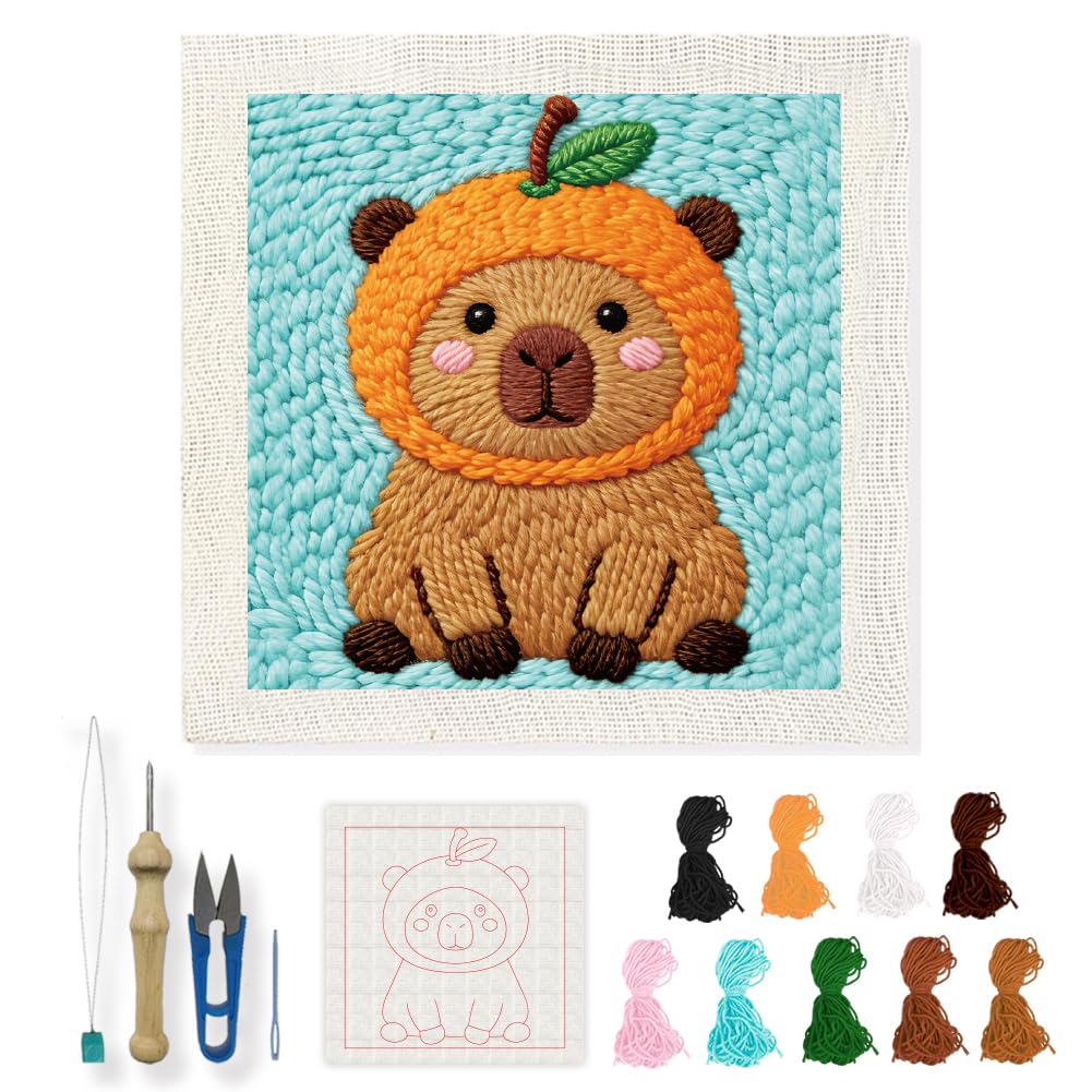 INFUNLY Orange Capybara Punch Needle Kit 9.4x9.4 DIY Punch Embroidery Kit for Adults Animal Needlepoint Starter Kit Square Needles Stitching Kit with Instruction for DIY Craft Lovers Gift