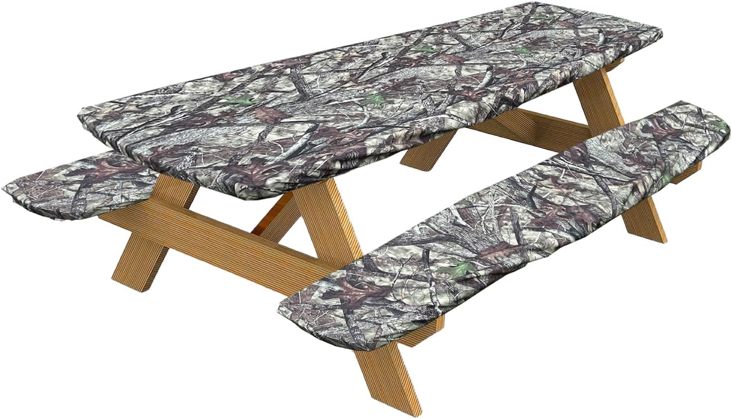 TrueTimber Camo Picnic Tablecloth 30" x 72" and 9" x 72" Bench Cover Set with Elastic Fit - Rectangular Camouflage Elastic Fit Table Cover Set for Camo Themed Party Decorations