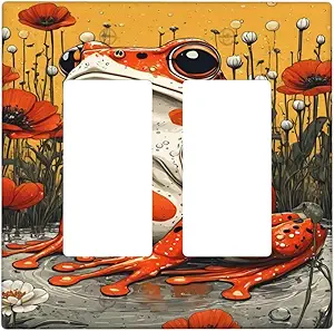 Decorative Outlet Covers Big Orange Frog Red Floral Wildflower 2 Gang Wall Plate Double Rocker Two Switch Wall Cover Plate Jumbo Dual Gfci Faceplate for Bedroom Decor