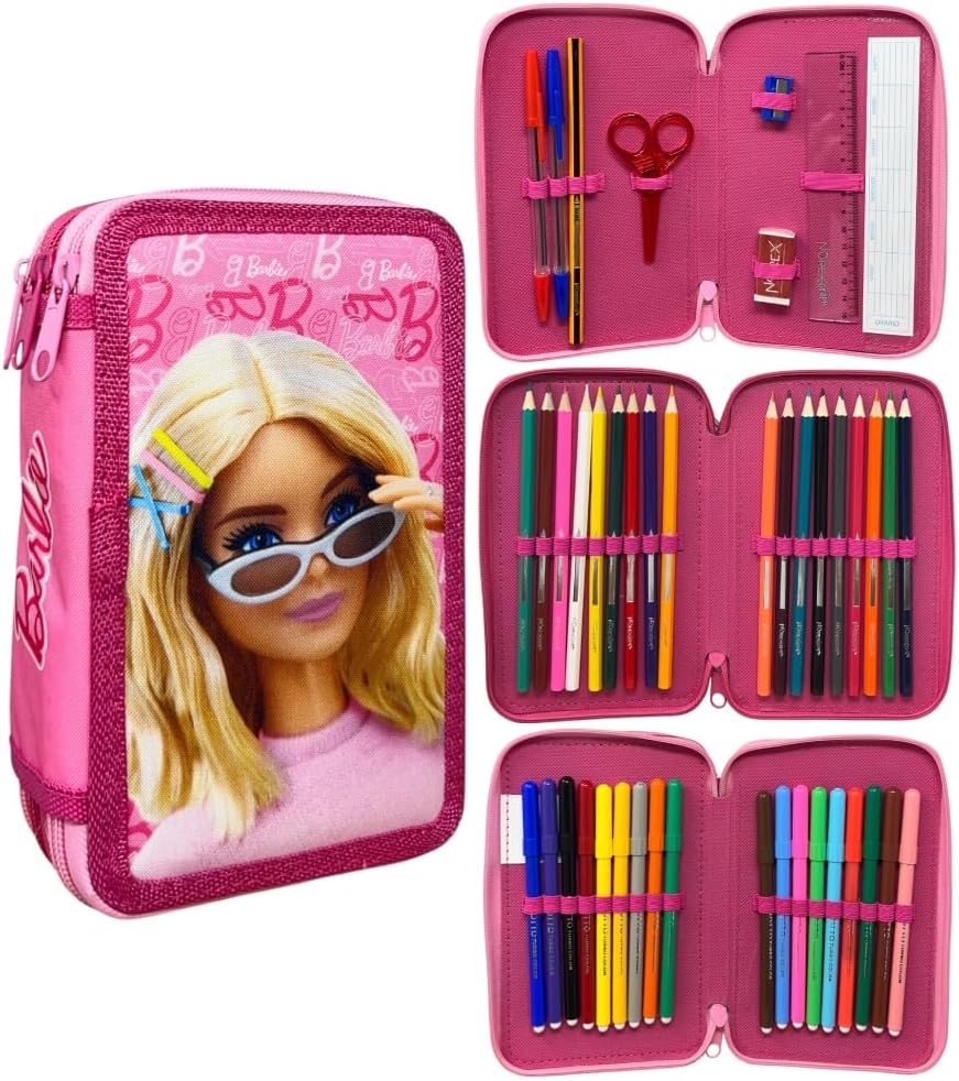 Pencil Case 3 Zip Complete 44 Pieces Stationery Multi-Compartment Pens Pencils Colours Markers Giotto for School, Barbie, 19.5 x 12.5 x 7 cm, Pencil Cases