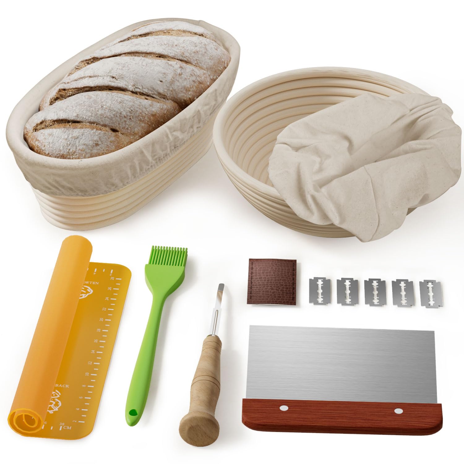 Banneton - Cesta de prueba de pan para masa madre: kit de horneado de pan ovalado de 10 pulgadas y redondo de 9 pulgadas, cuencos de prueba para pan de masa madre, cuenco de masa para hacer pan