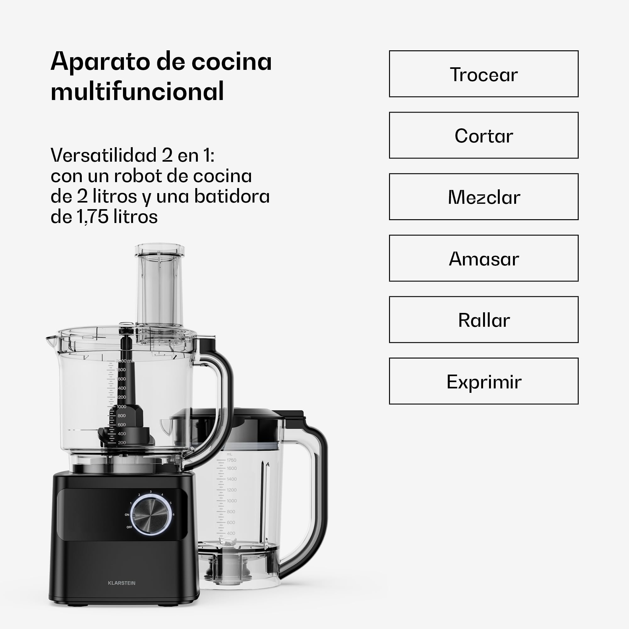 Klarstein Robot de cocina, Velaire con batidora – Robot de cocina multifunción de 1200 W, recipiente de 2 l, batidora de 1,75 l, 6 programas y velocidades, accesorios de exprimidor y picadora de carne