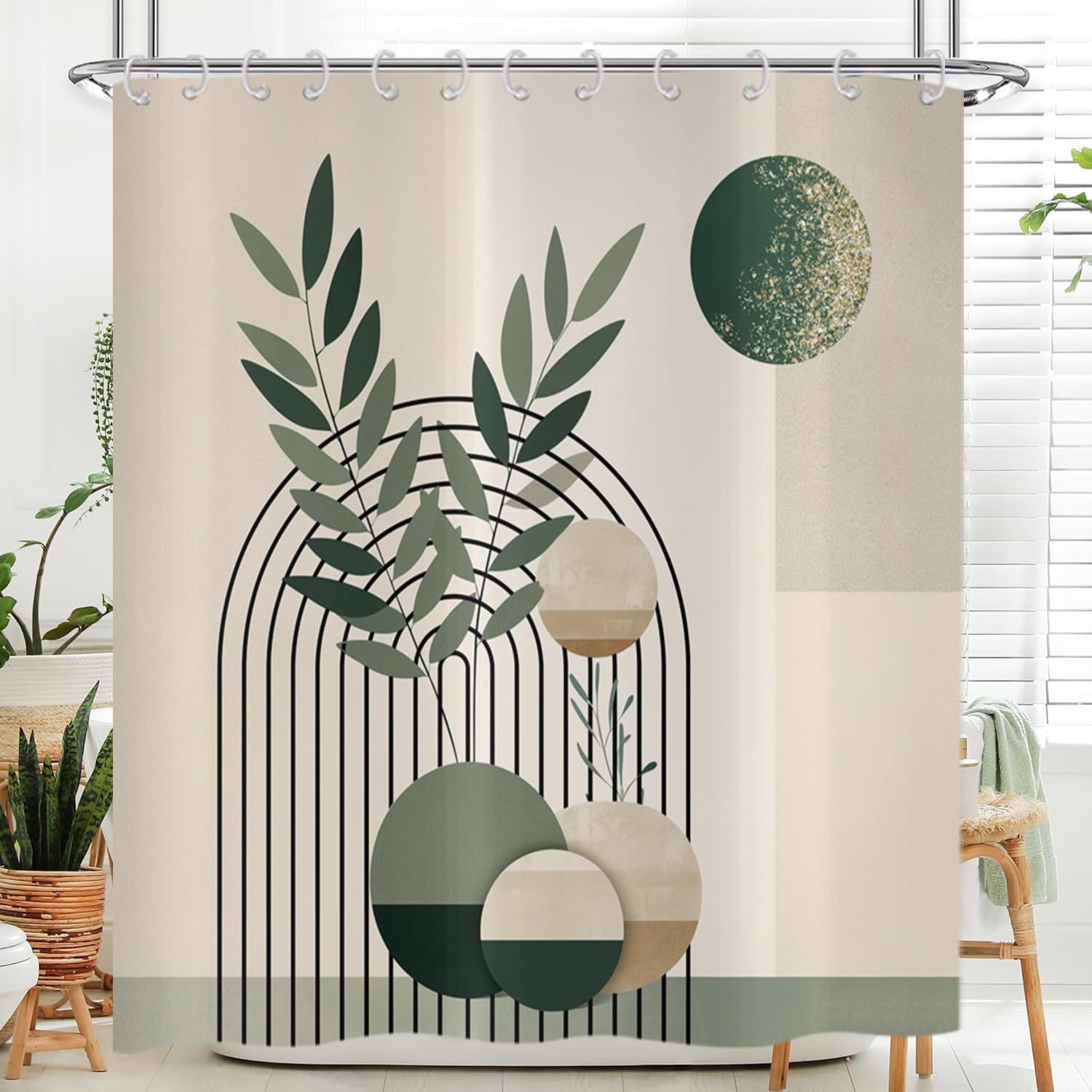 Hnmdmyi Boho Shower Curtain 165x180, Mid Century Abstract Green Leaves Arch Sun Modern Geometric Minimalist Aesthetic Art Bathroom Shower Curtains Waterproof Polyester Fabric Washable Bath Curtains