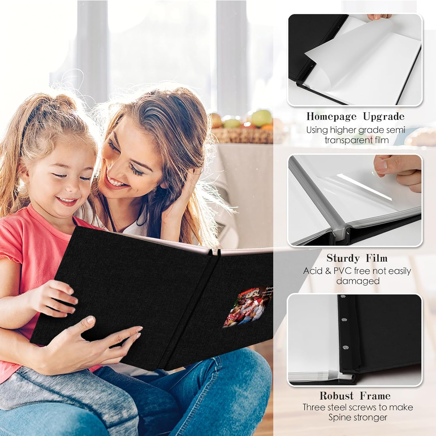 Spbapr Large Photo Album Self Adhesive 60 Pages Linen cover DIY Magnetic Scrapbook album with A Metal Pen Hold 4x6 5x7 6x8 8x10 10x12 Pictures Black