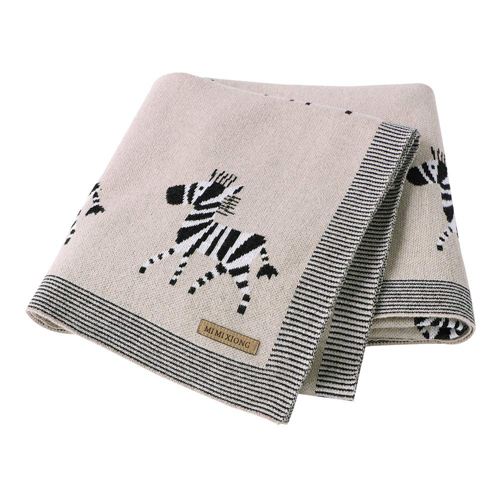 Baby Knitted Blanket for Newborn, Surwin Fashion Zebra Printing Soft 100% Cotton Warm Nursing Blanket Sleep Sack Stroller, Birthday Gift for Kids Boys and Girls (100x80cm,Khaki)