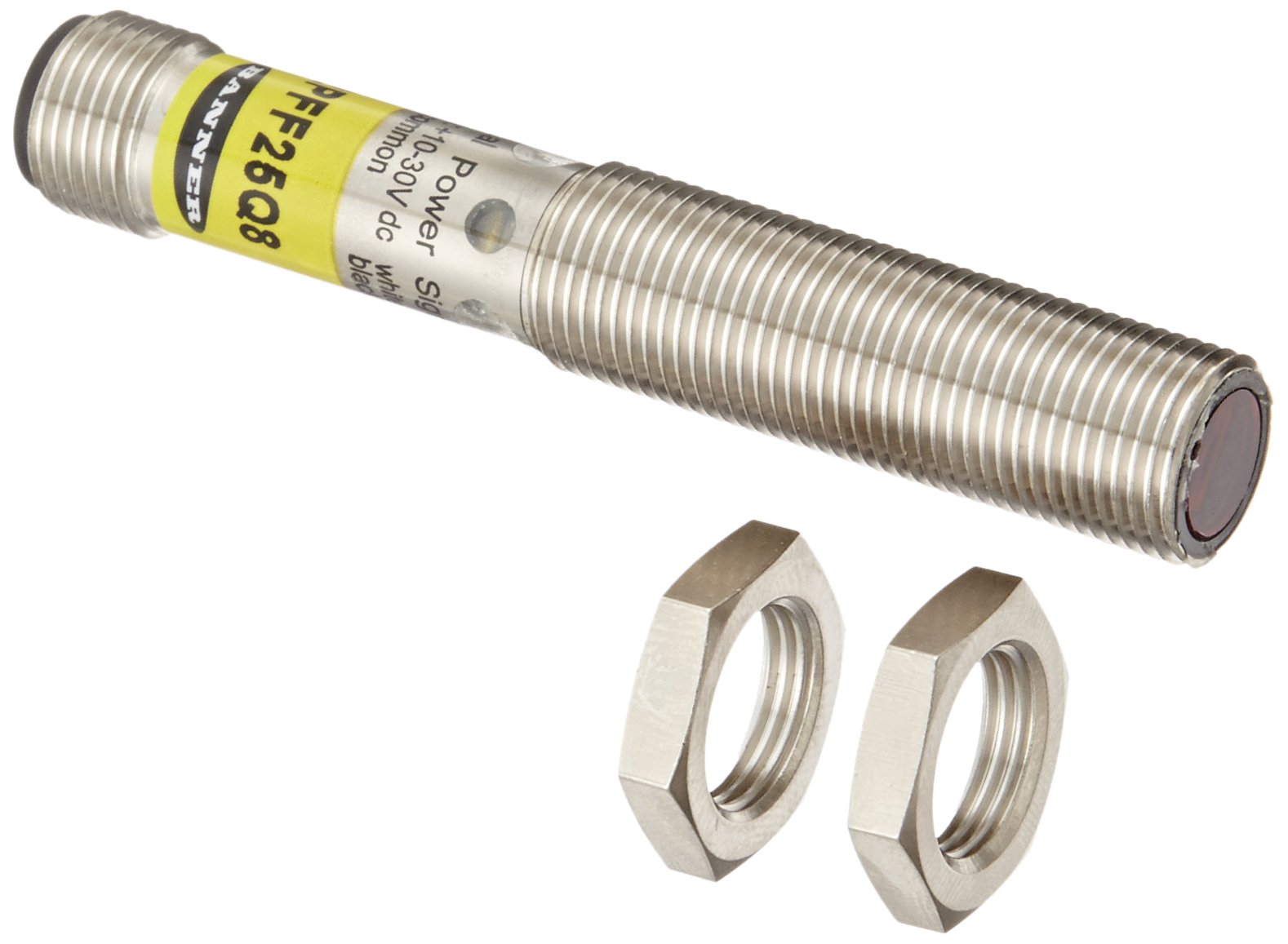 Banner M12PFF25Q8 Barrel-Style Sensor, Fixed-Field Sensing Mode, 4-Pin Integral Euro-Style Connector, M12 Threaded Mount, 680 nm Wavelength Visible Red LED, PNP Output, 25 mm Sensing Range