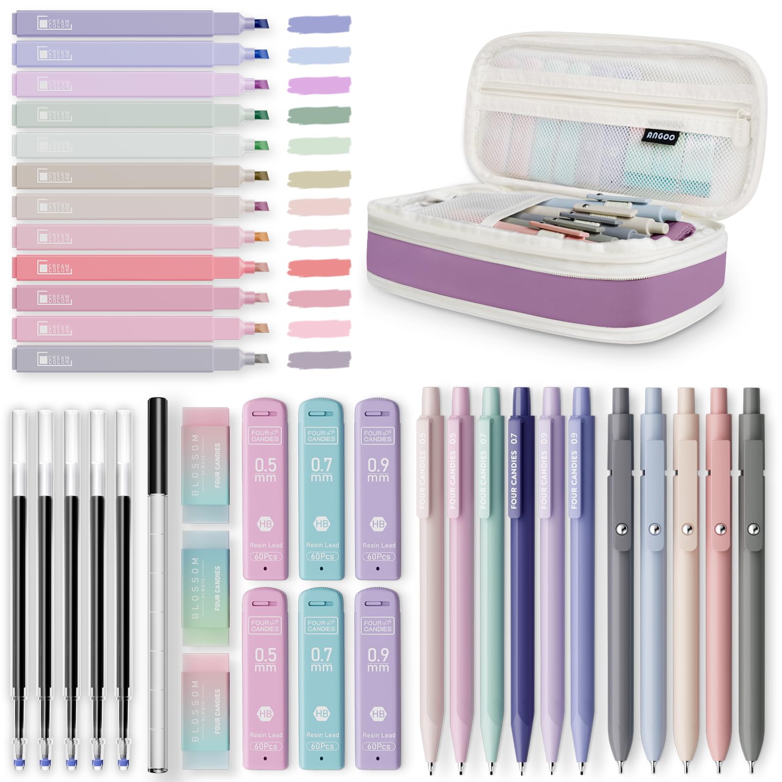 Four Candies 39 PCS Aesthetic School Supplies with Cute Pen Case, 12 Pastel Highlighters, 5 Black Ink Gel Pens, 6 Mechanical Pencils Set 0.5 & 0.7mm for Students Stationary College Essentials (Purple)