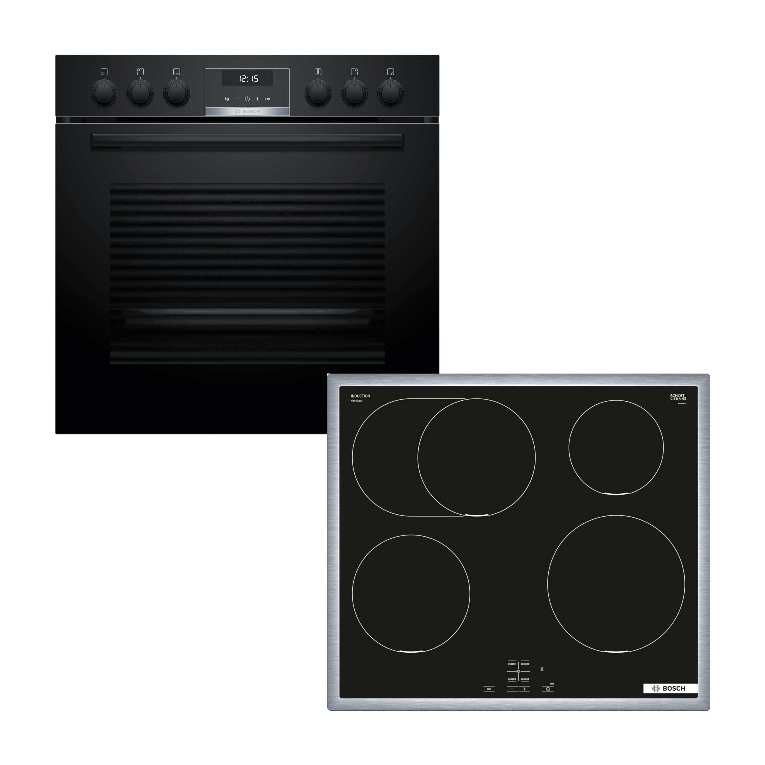 Bosch Einbauherd-Set HND615LS67, Serie 6 Einbau-Herd 60 cm mit Reinigungshilfe, Backwagen und AutoPilot10, HEB517BB4, Serie 4 Induktionskochfeld 60 cm mit Rahmen, Herdgesteuert, Power Boost NIF645CB5E