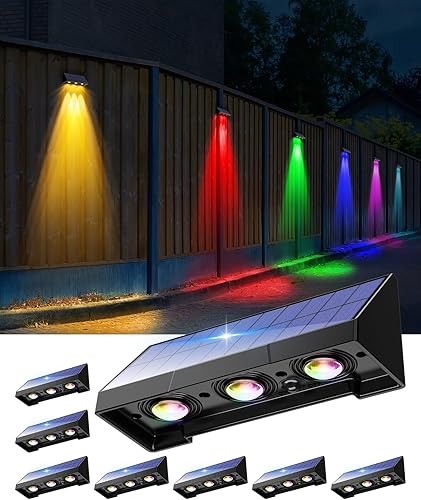 GVSHINE Luces solares para valla al aire libre, impermeables, paquete de 8 luces solares de pared de 3 lentes para exteriores, 5 modos de luz blanca