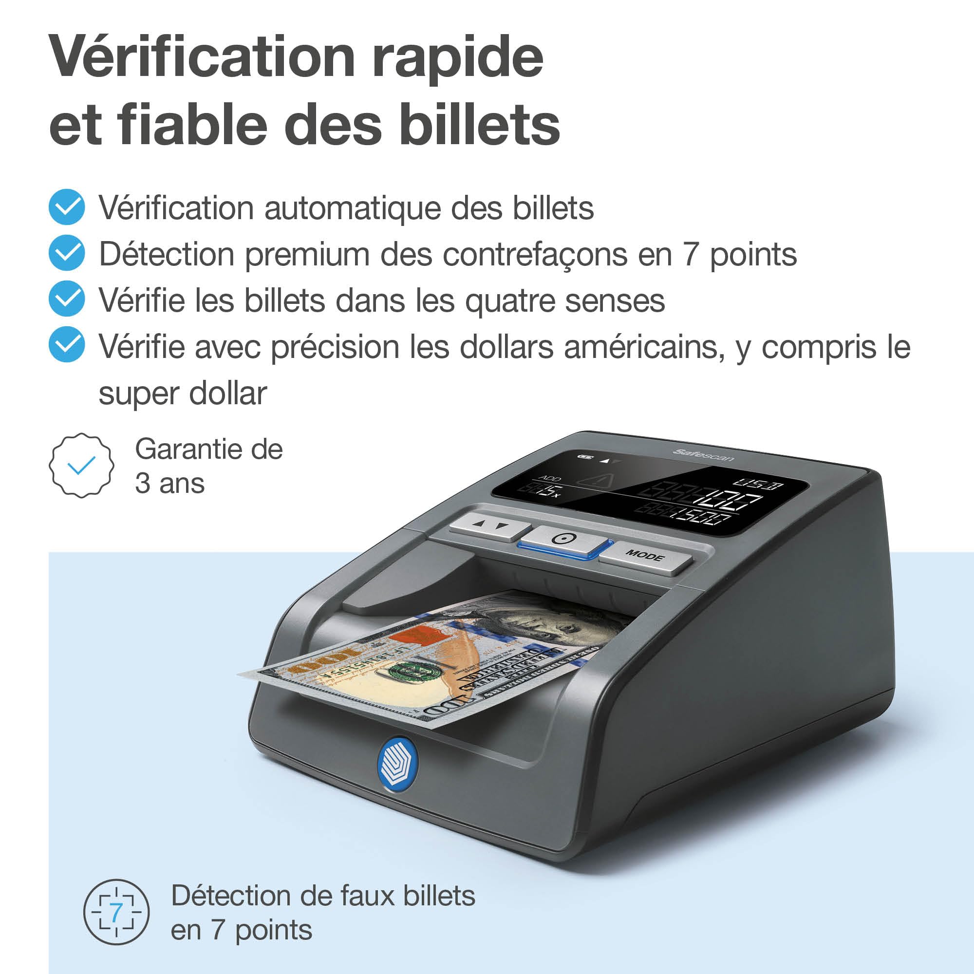 Safescan 185-S détecteur de faux billets automatique pour vérifier rapidement les billets - Compatible avec le Dollar - Avec détection sur 7 points - Machine de vérification d'argent 100% précise
