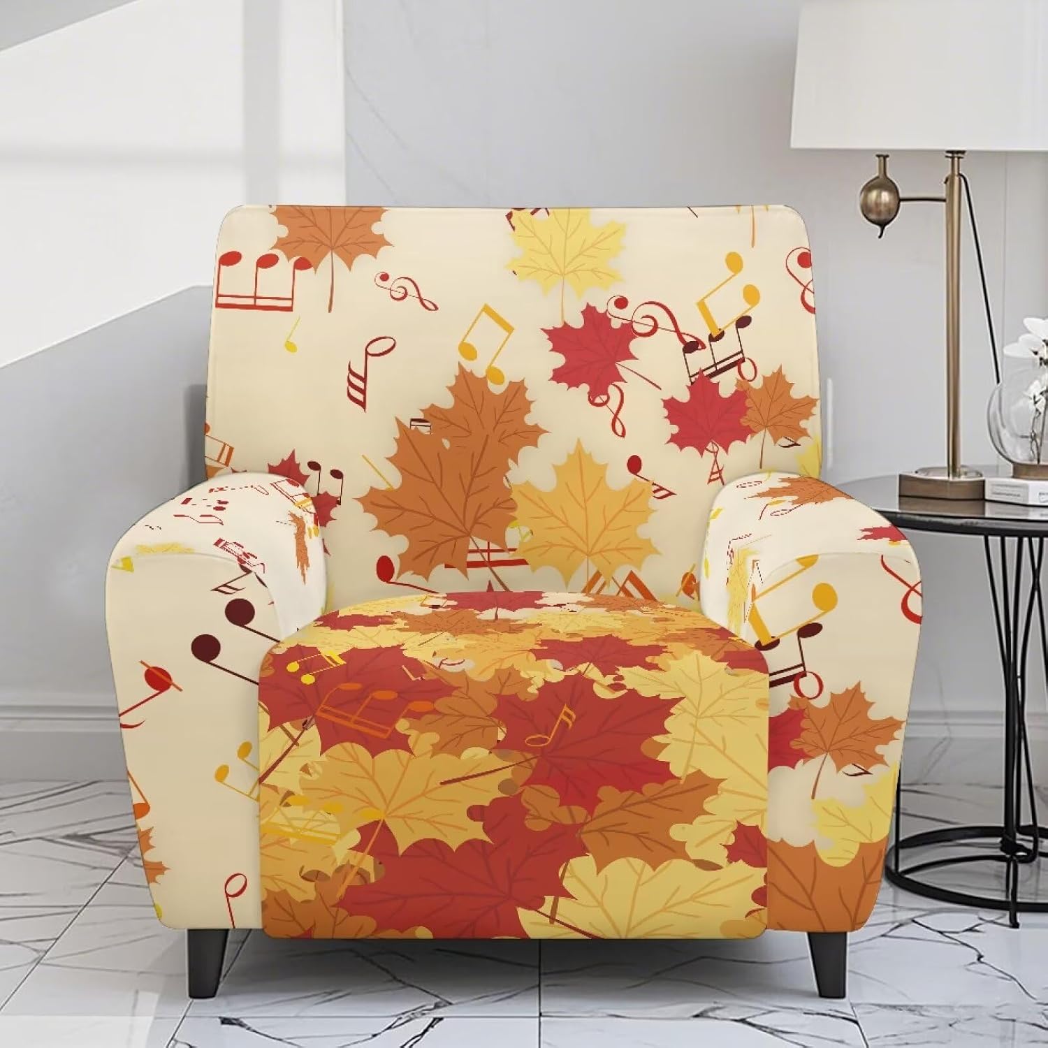FOR U DESIGNS Maple Leaf Music Recliner Slip Cover 4-Piece Set Stretch with Elastic Edges Non Slip Storage Pockets Washable Furniture Protector for Reclining Sofas