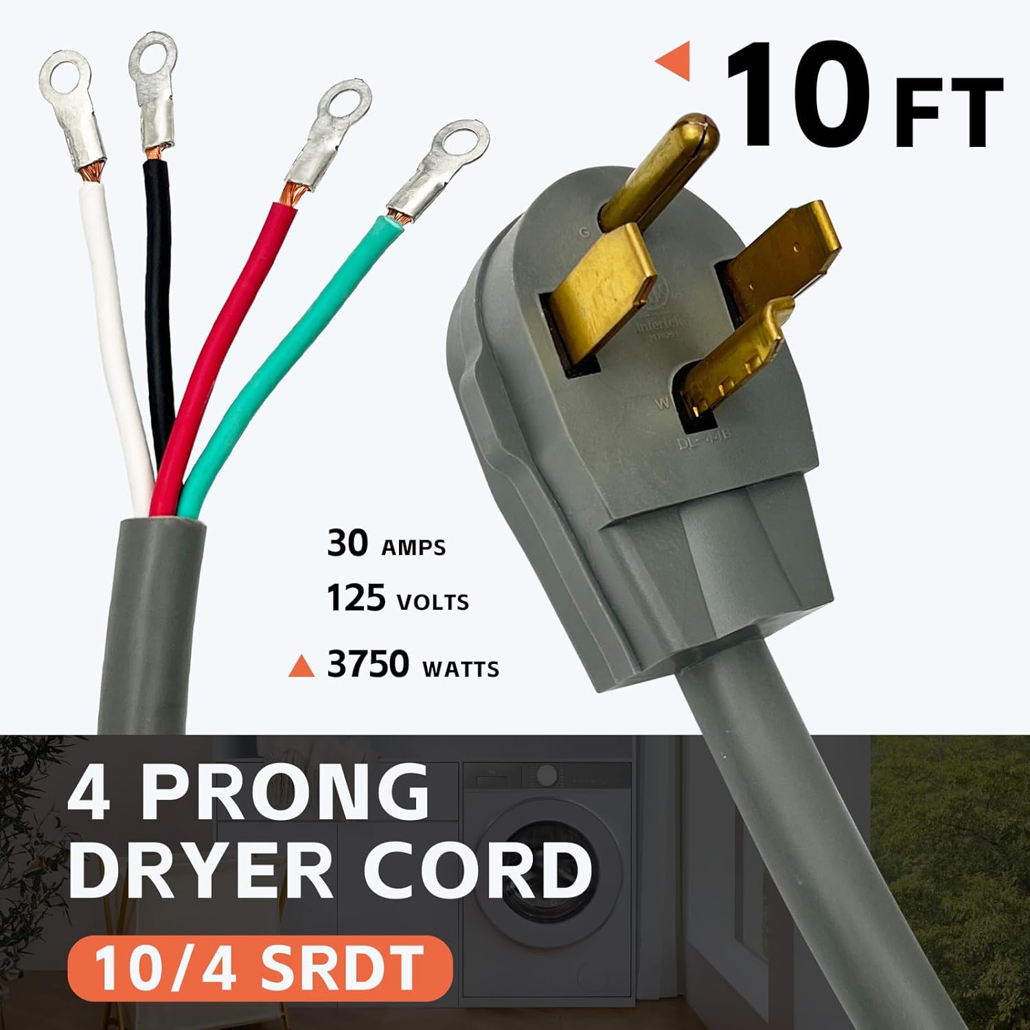 4 Prong Dryer Cord, 10 Ft 10/4 SRDT, 30 Amp Appliance Extension Power Cord, NEMA 14-30, Grey