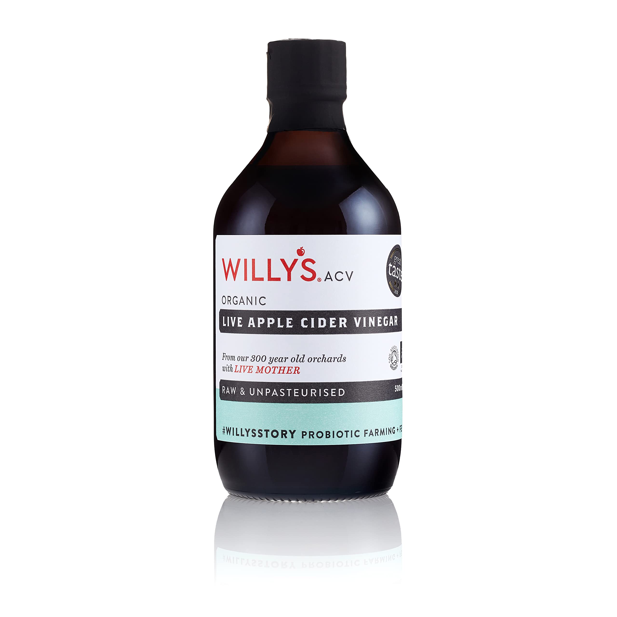WILLY'S Organic Raw Apple Cider Vinegar with Real Live Mother, 500 ml Glass Bottle