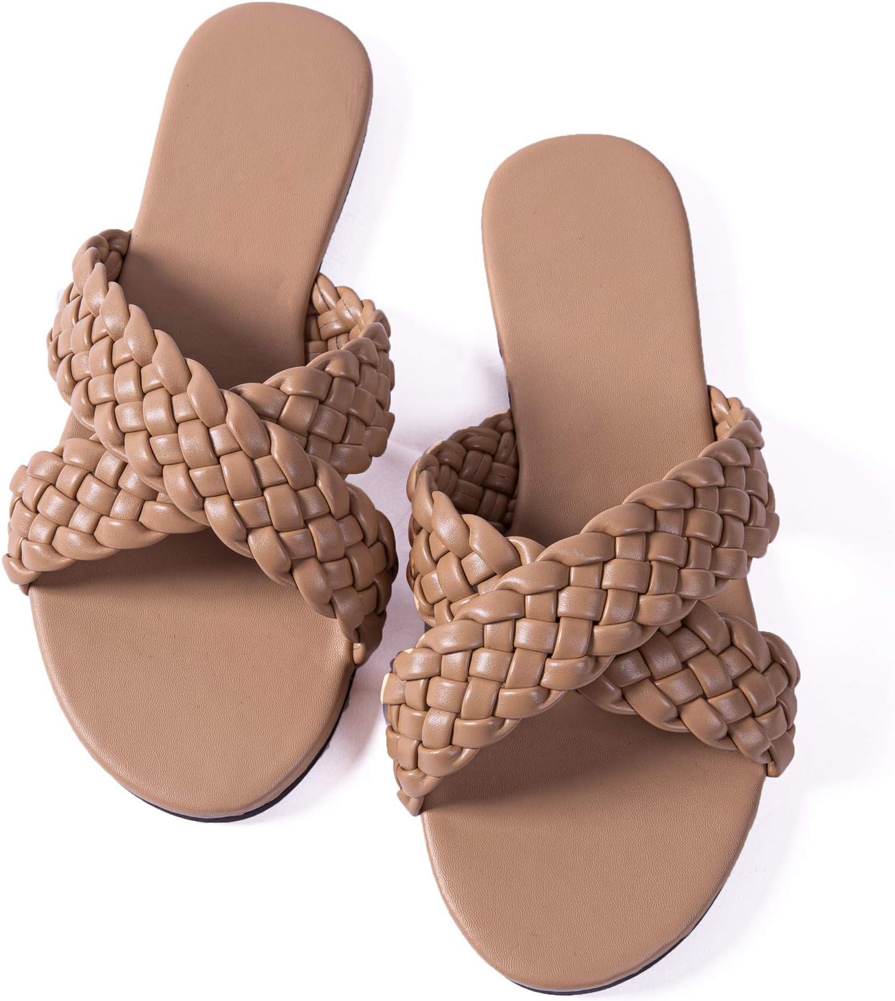 Mtzyoa Women's Braided Slide Flat Sandals Raffia Cute Natural Summer Beach Casual Comfortable