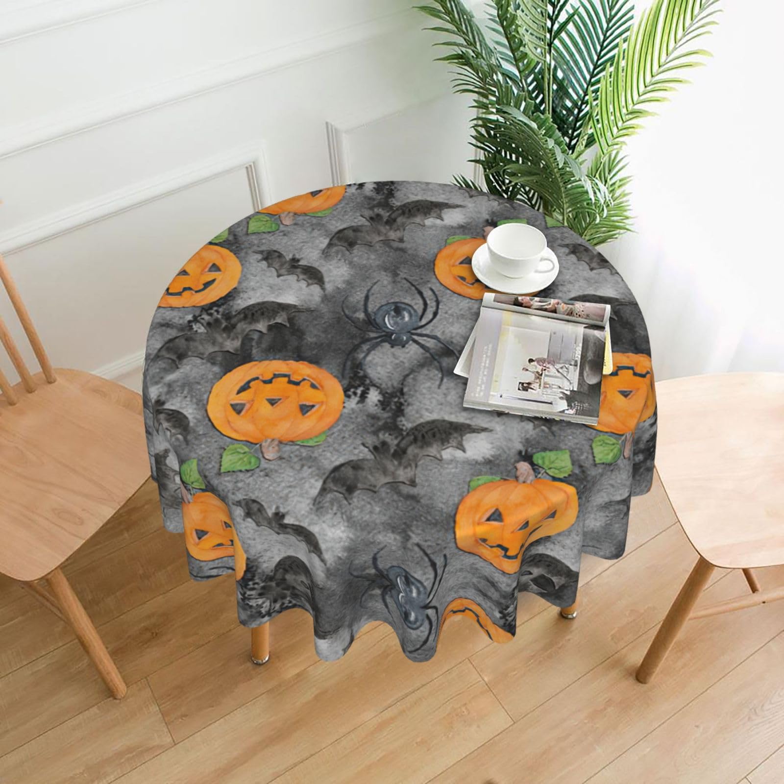 SDEGTHO Halloween Grey Bat Spider Pumpkin Print Modern Retro Round Tablecloth 60in Polyester Fabric Cover for Party Dining Table Washable