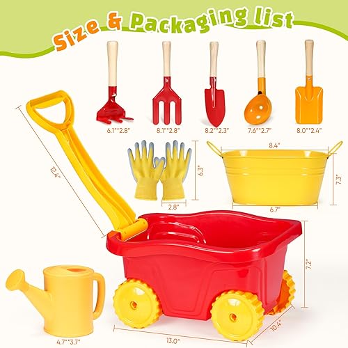 Miniatura 4 de Juego de herramientas de jardinería para niños, 9 piezas, juego de carretilla para niños pequeños con maceta de bricolaje, regadera, pala,