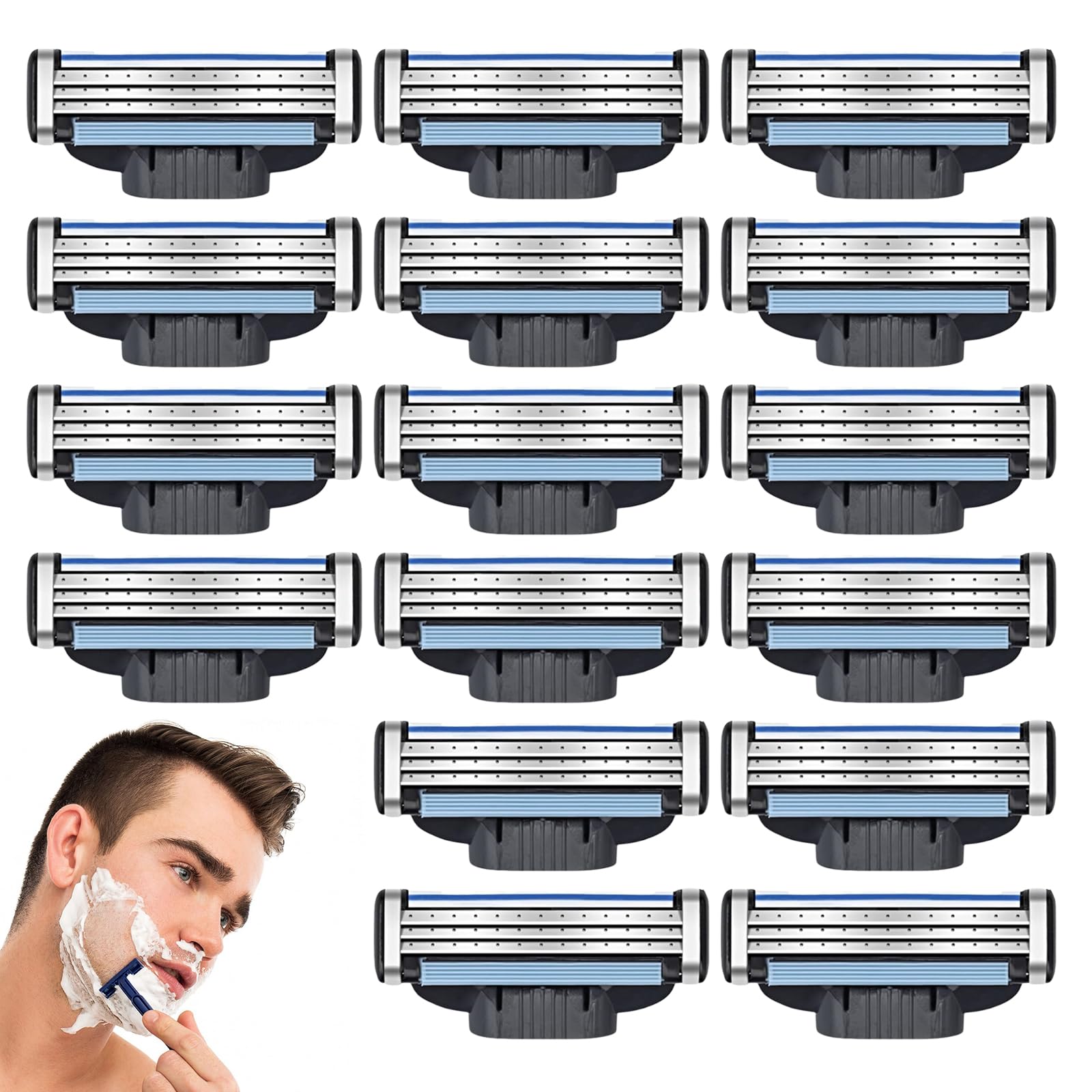 16 PCS Compatible with Mach 3 Razor Blades Razor Blades Mach 3 Razor Blades Compatible with Gillette Mach 3 Shavers Washable 3-Layer Razor Blades Replacement with Double Lubrication Strip for Men