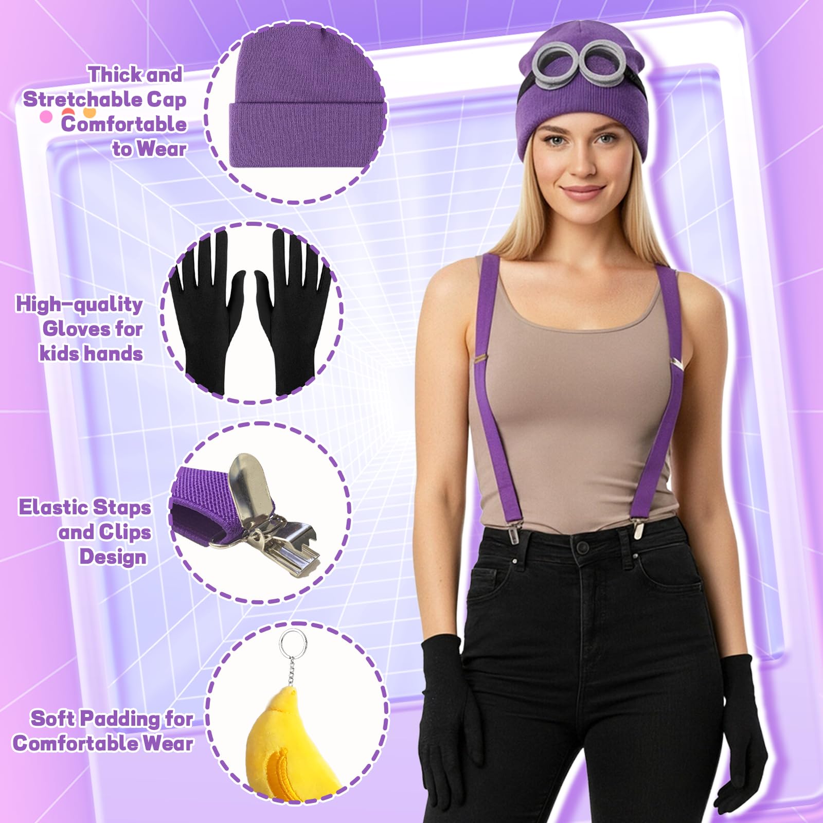 YAEGIMHT Yellow Costume Accessory Set, World Book Day Carnival Cosplay Costume, Include Hat, Goggles, Suspenders, Gloves - Image 3