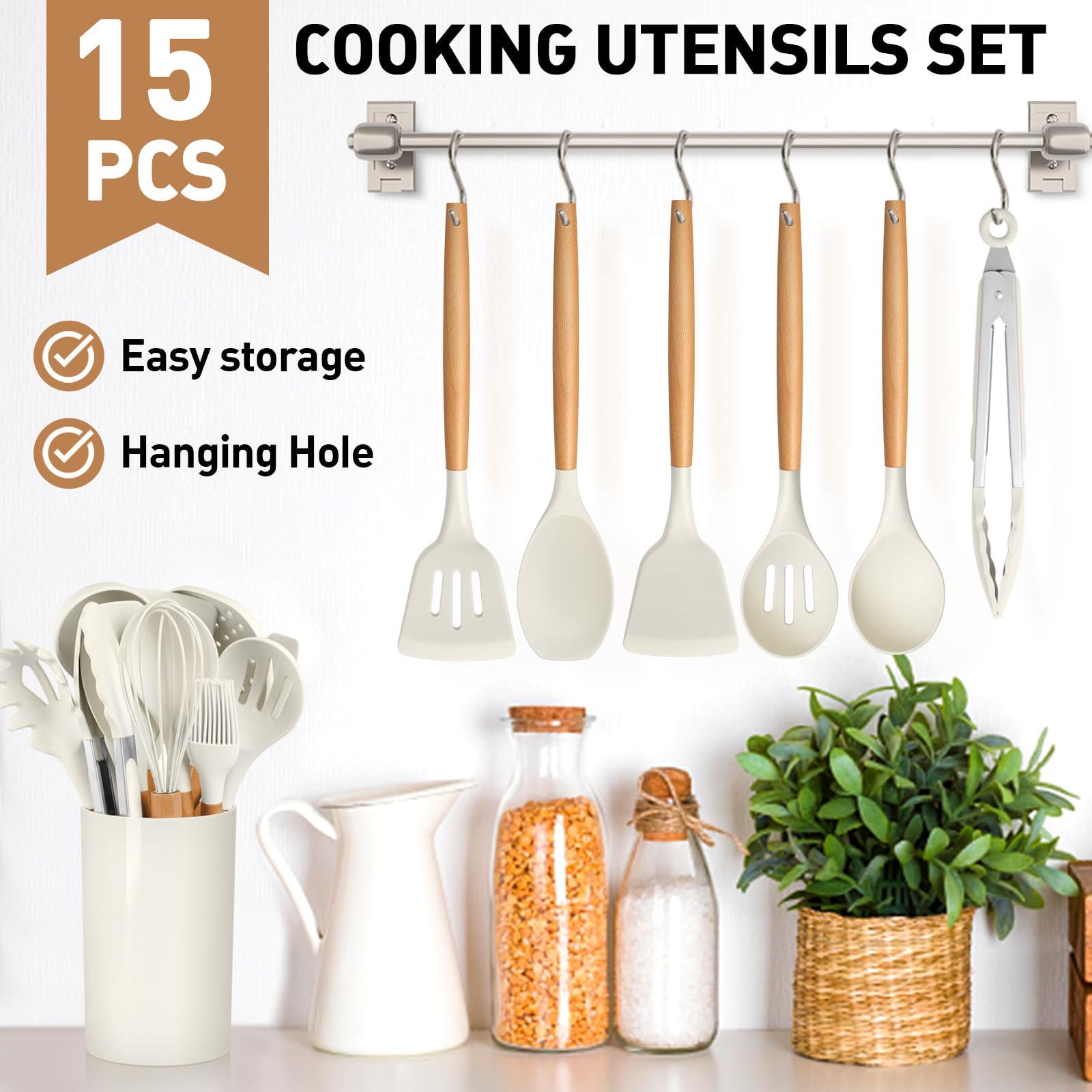 LIANYU Juego de 15 utensilios de cocina de silicona con soporte, resistentes al calor, para utensilios de cocina antiadherentes, juego de espátulas de cucharón no tóxicos con mango de madera, color