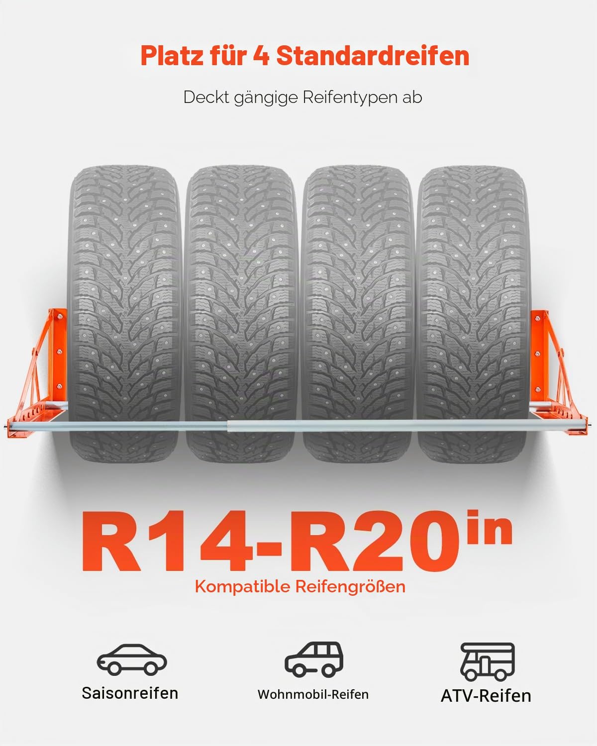 VEVOR Reifenregal Reifenständer Garagenregal zur Wandmontage 787-1440 mm verstellbar, Q235 Hochleistungs-Reifenlagerregal aus Stahl für Standardreifen (R355,6 bis R508 mm), max. Tragkraft 181 kg