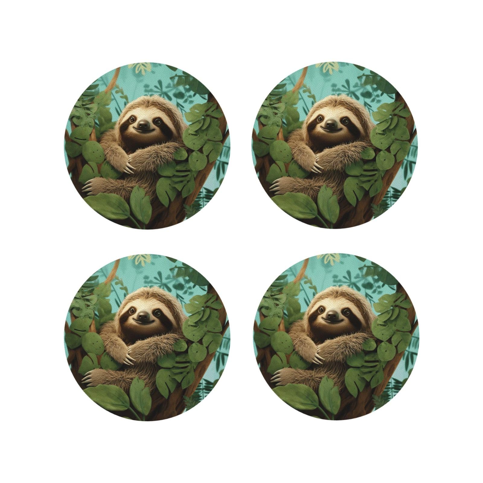 4Pcs PU Leather Coaster for Drinks, Hug Tree Sloth Cup Coastersr 4" Cup Mat Pad, Aesthetic Drink Coasters for Coffee Table, Round Shape Coaster for Tabletop Protection