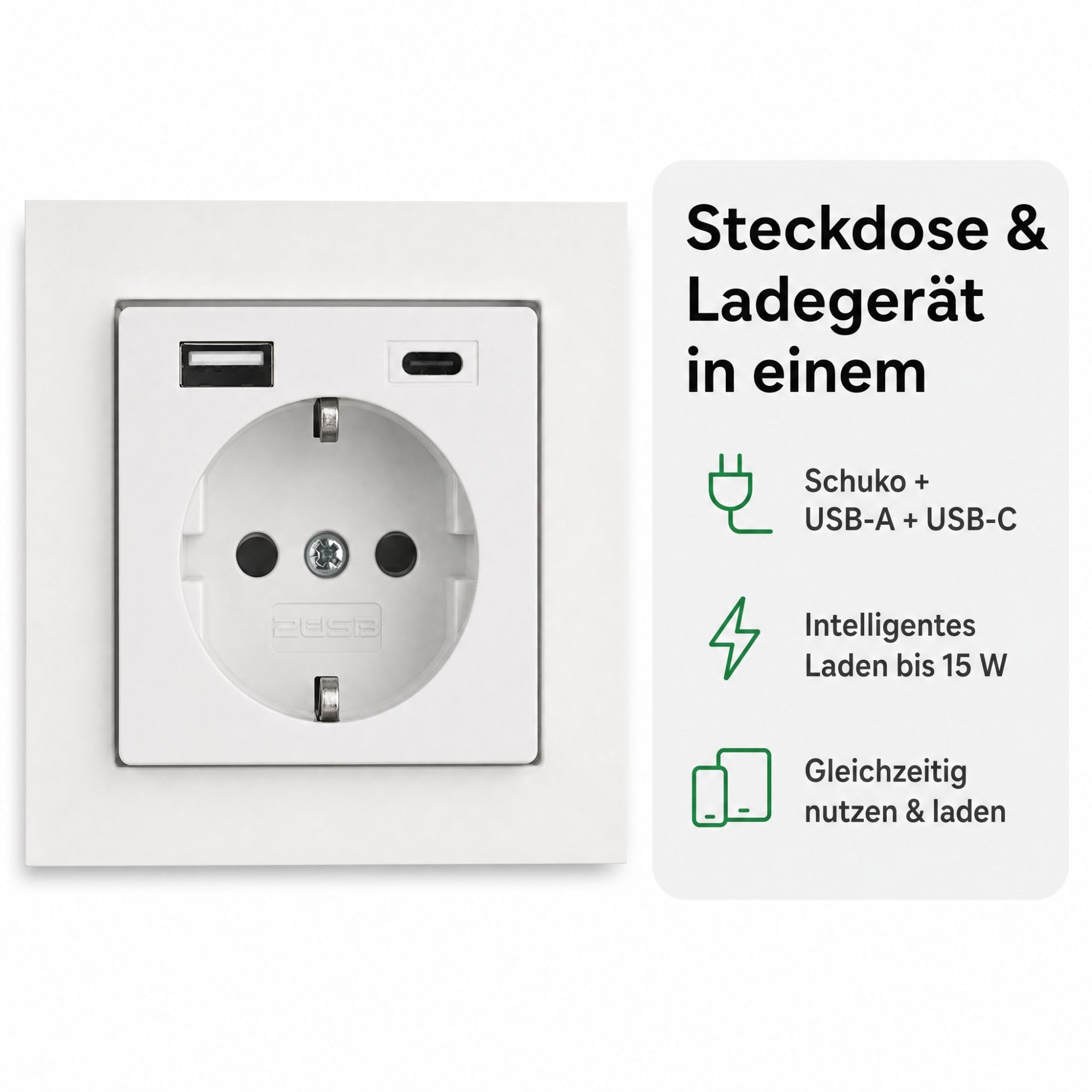 USB-Steckdose chargeMax unter Putz USB-A + USB-C mit Rahmen Ausführung 2USB, Tiefe nur 32mm, Set mit Abdeckung Gira E2 reinweiß matt