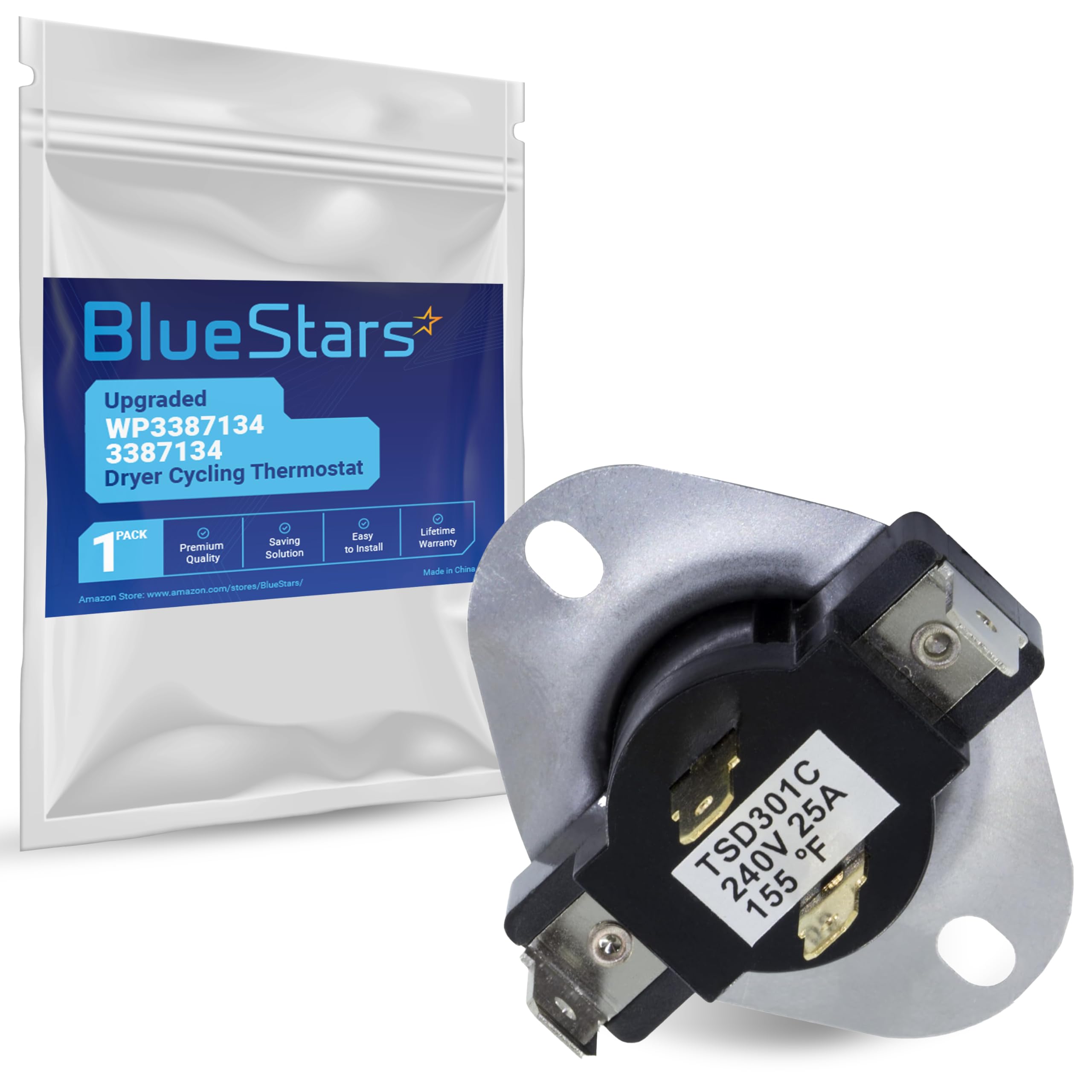 BlueStars 3387134 Dryer Cycling Thermostat Replacement Part by Blue Stars - Easy to Install - Exact fit for Whirlpool Kenmore Maytag Dryers - Replaces 3387135 3387139 WP3387134VP 306910 3387134