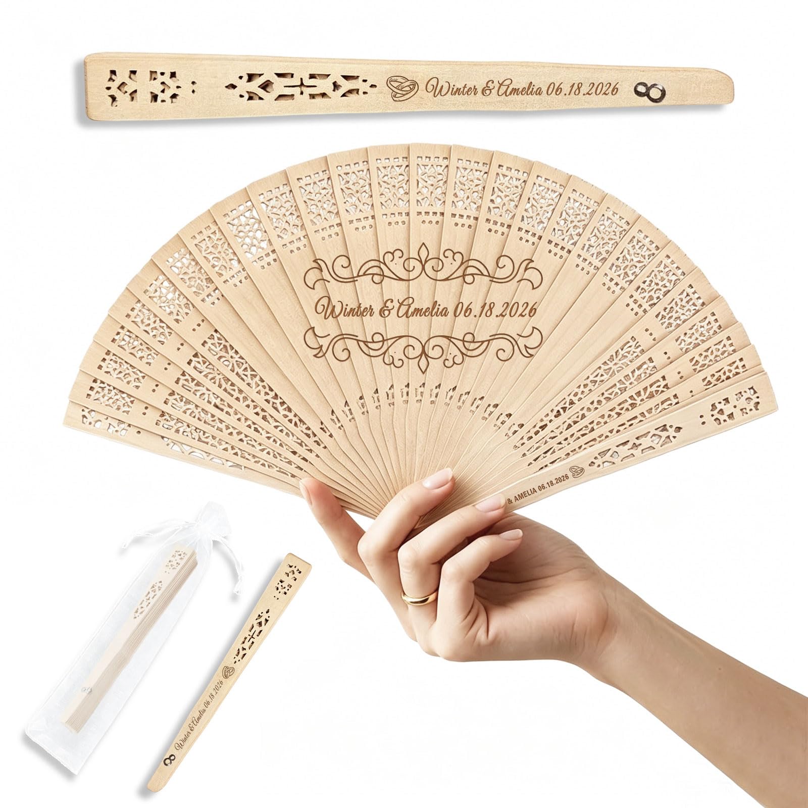 RSQGT 10-100 Pcs Personalised Wooden Hand Fans, Custom Engraved Text, Names & Dates Sandalwood Wedding Fans, Elegant Keepsake for Summer Weddings, Events & Guest Favours (Hollow Folding Hand Fan 01)