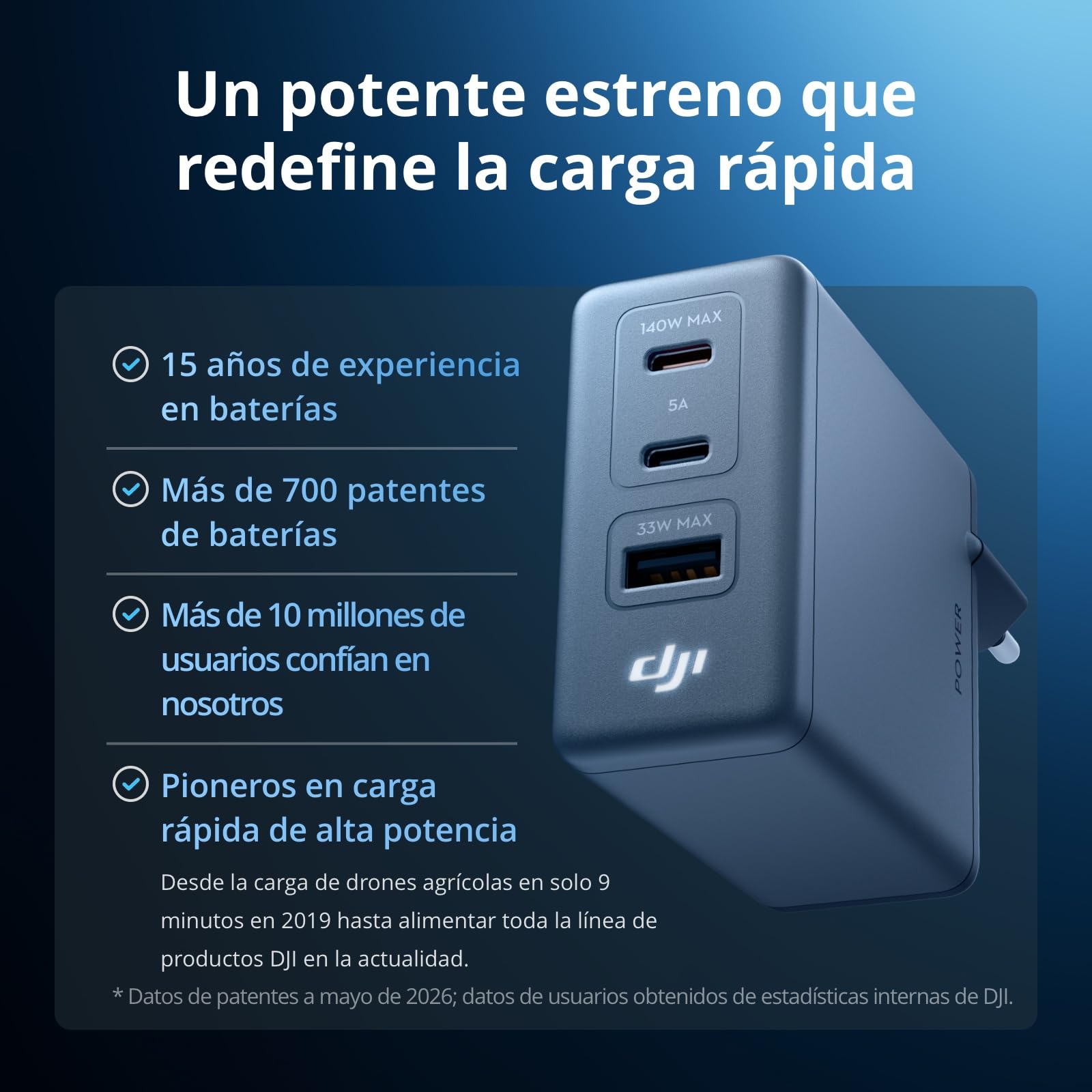 Pack de Carga GAN de 140 W DJI Power con Cable 7 A con Pantalla (1 m) | Salida de 140 W, 3 puertos, control inteligente de temperatura, carga rápida, PD 3.1, cargador para ordenador portátil