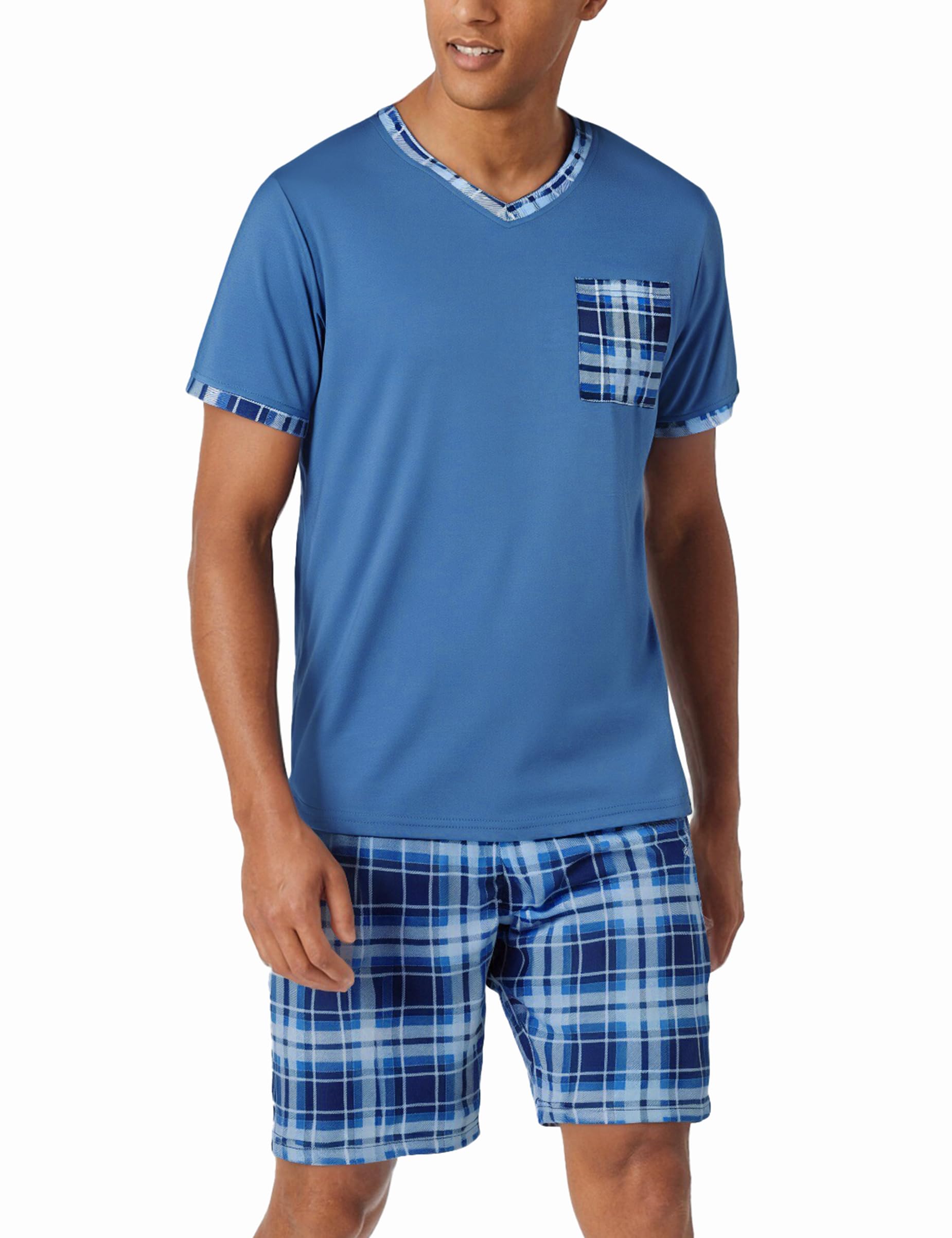 Aseniza Herren Schlafanzug Kurz Baumwolle Sommer Pyjama V-Auschnitt Zweiteilige Pyjamas Nightwear Set mit Kurzarm T-Shirt und Karierter Schlafanzughose