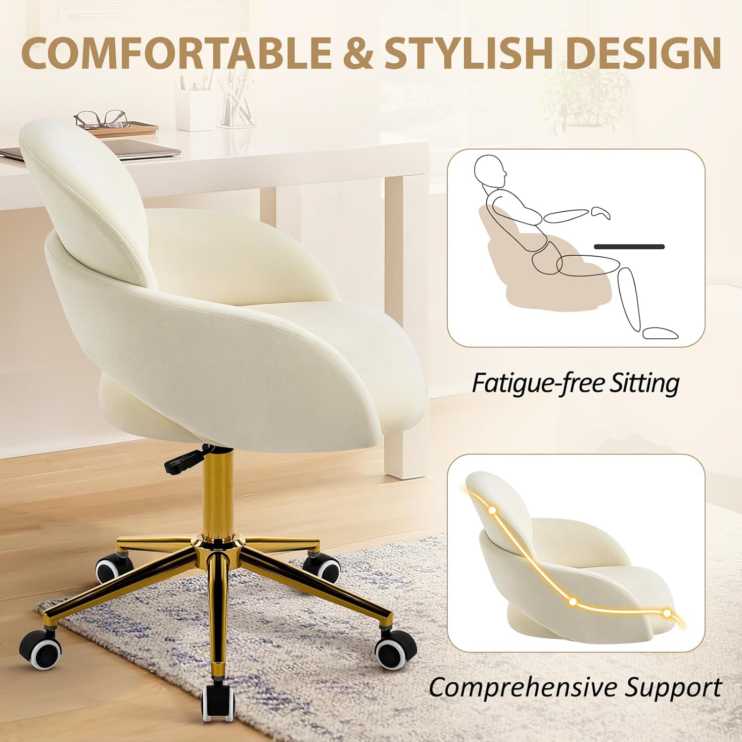 Furniliving Vanity Chair with Wheels, Cute Upholstered Office Chair with Hollow-Out Back, Height Adjustable Rockable Accent Chair with Gold Metal Base for Bedroom, Makeup Room, or Living Room (White)