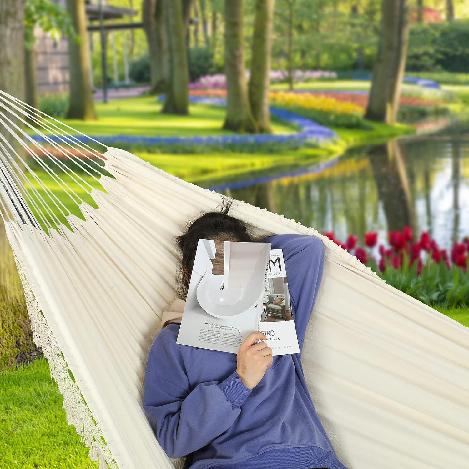 ONCLOUD Macrame Hammock with Stand Included, Boho Fringe Hammock with 9ft Steel Stand Heavy Duty Space Saving Hammock Frame with Carrying Bag, Off White