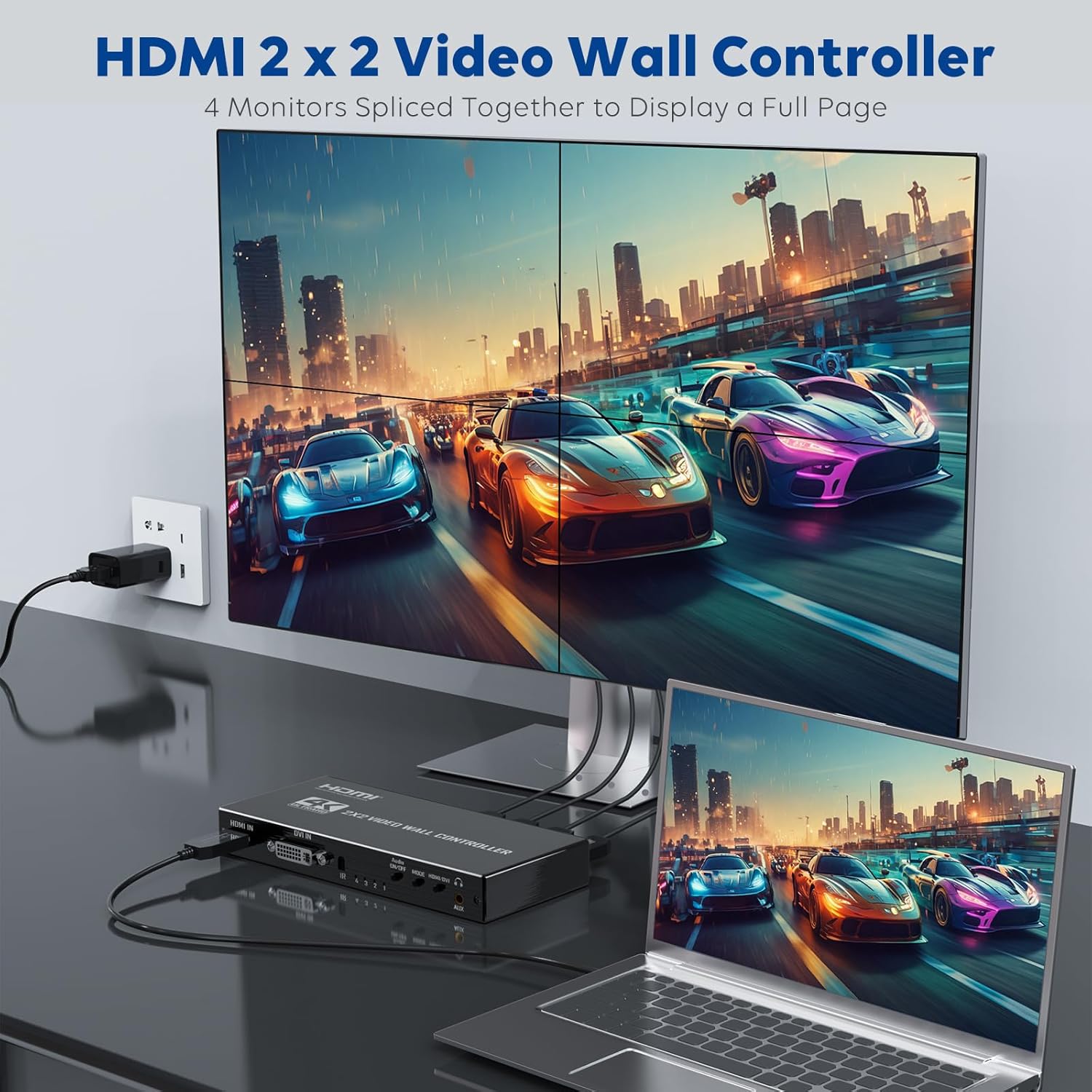 Video Wall Controller 2x2, HDMI DVI TV Wall Controller Processor, with 1080P@60Hz Output, 9 Splicing Modes, 180° Rotate, 2x2, 1x2, 1x3, 4x1, 4 Monitors Spliced Together to Display a Full Page