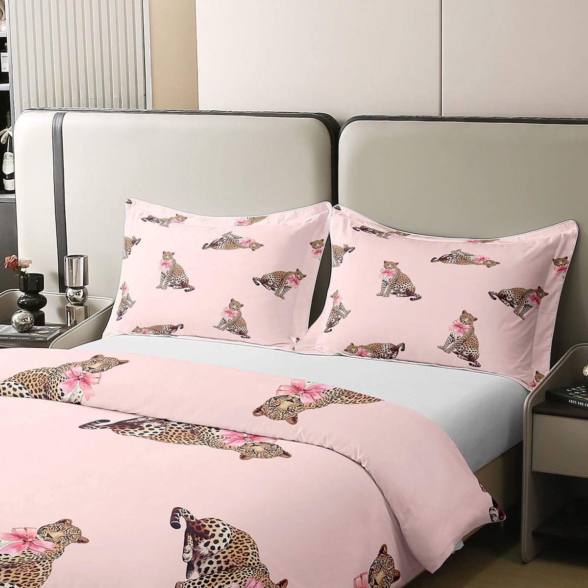 Homewish Modny Leopard Podwójny Zestaw Pościeli Różowe Kokardki Bawełniana Poszwa Na Kołdrę Afrykański Dziki Gepard Poszewka Na Kołdrę Preppy Y2K Estetyczne Zestawy Łóżek