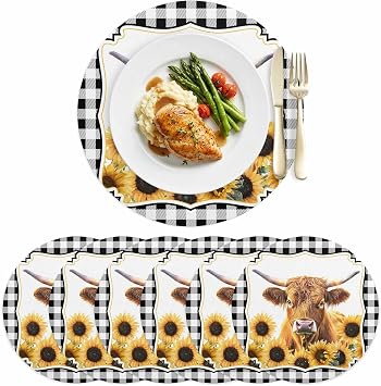 Farm Cow Watercolor Sunflowers Leather Placemats Set of 6,15 Inch,Black White Buffalo Plaid Waterproof Oil-Proof Place Mats,Non-Slip Table Mats for Kitchen,Dining Room,Indoor Outdoor