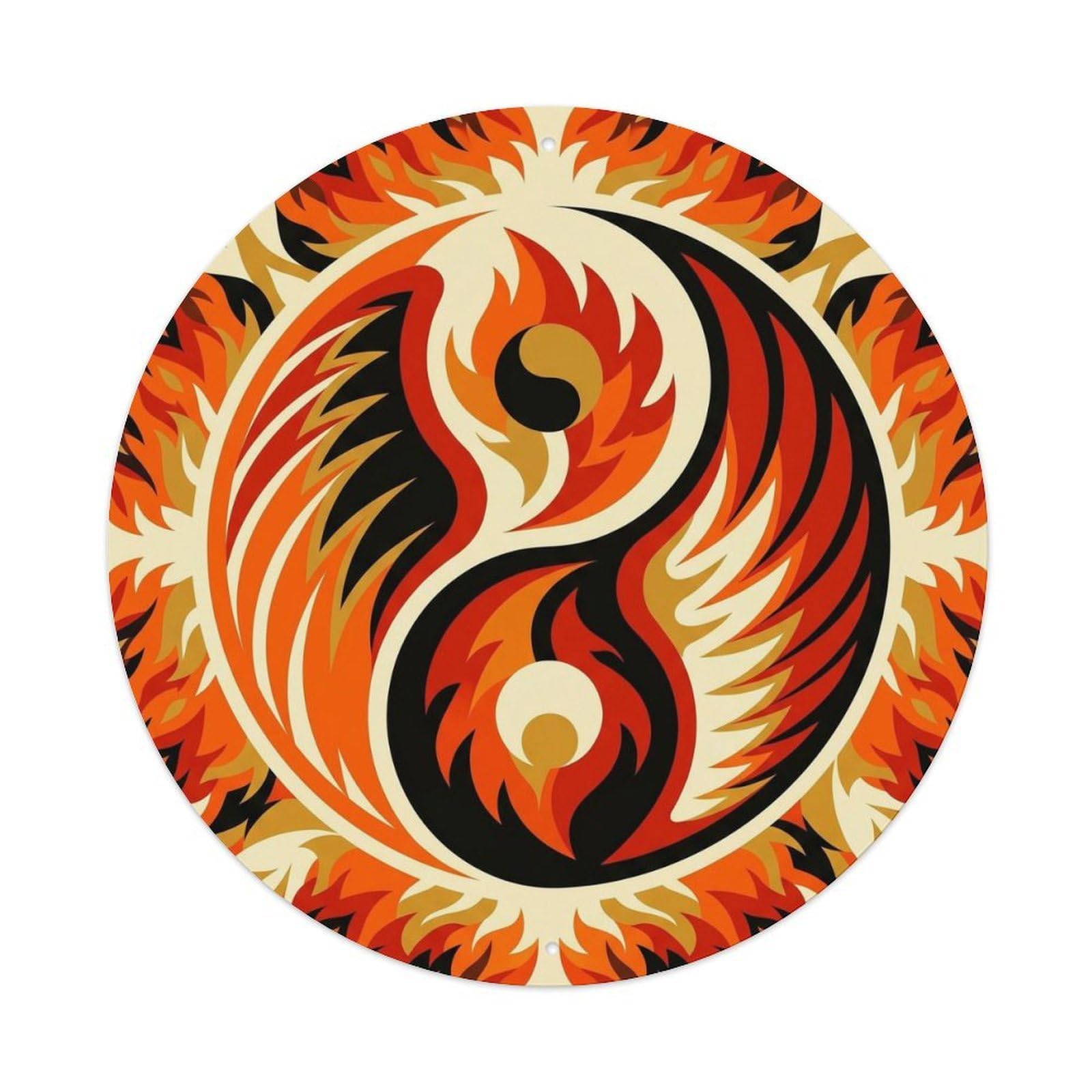 Vermilion Bird Phoenix Fire Taoist Mythology Flame Symbol Metal Tin Sign Plaque Wall Decor for Cafe, Man Cave, Club Bar, Office, Home Garden Round Metal Poster 8x8Inch