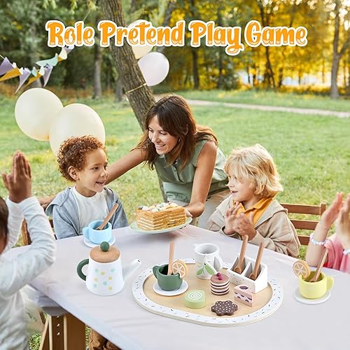 Miniatura 7 de WHOHOLL Juego de fiesta de té de madera para niñas pequeñas, juguetes de cocina para niñas pequeñas, accesorios de cocina con tetera, taza de té,