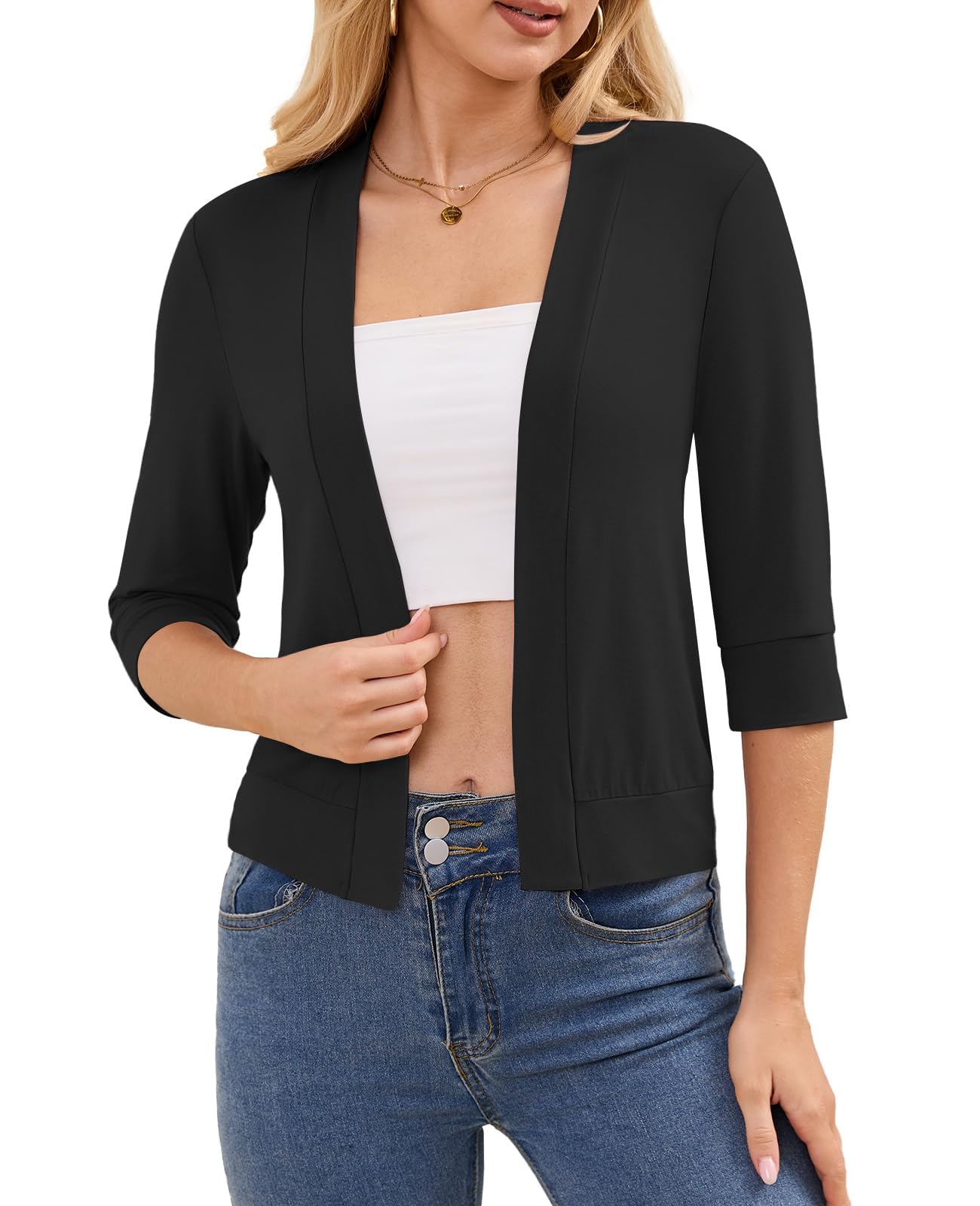 DouBCQ Shrugs for Women 3 4 Sleeve Cropped Cardigan Open Front Lightweight Bolero