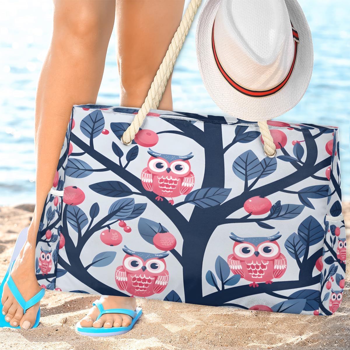 Hand Painted Fruit Tree Owls Beach Bag for Women Waterproof Sandproof Tote with Zipper Cotton Rope Handles for Travel Pool Gym Shopping