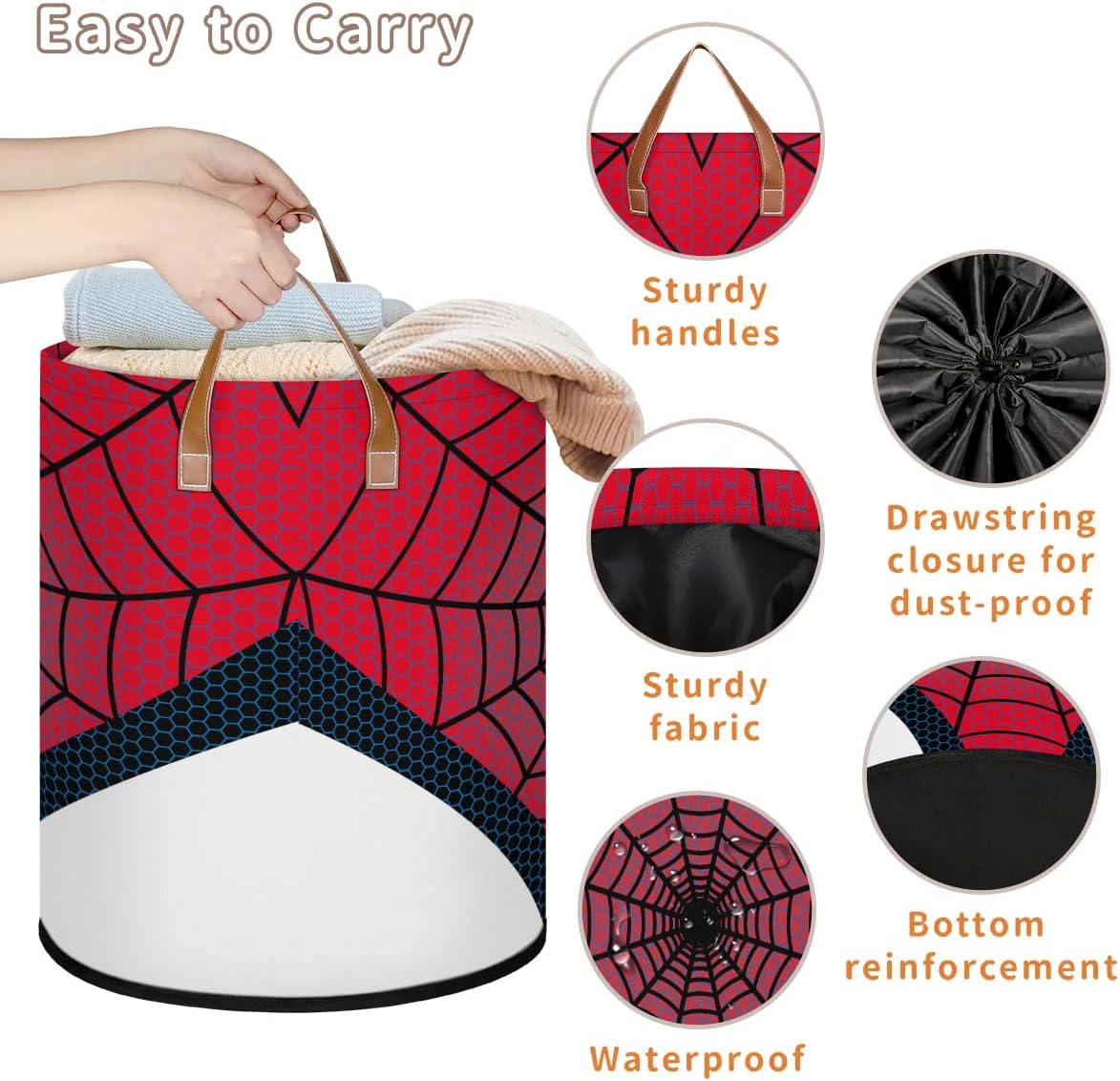 Large Laundry Hamper Basket with Lid, Round Collapsible Storage Organizer Bin for Kids Room, Boys, Nursery, Closet, Bedroom, Playroom, Toys, Dirty Clothes, Red Spider Web 16"W x 20"H