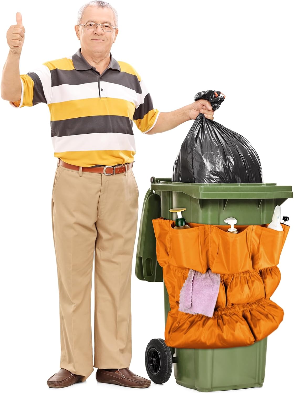 Frienda 2 Pcs Trash Can Caddy Bag Cleaning Caddy Bag for Garbage Bins Trash Holder Cart Garbage Bin Storage Organizer, Fits 32-50 Gallon Can, Janitorial Storage Cleaning Supplies (Yellow)