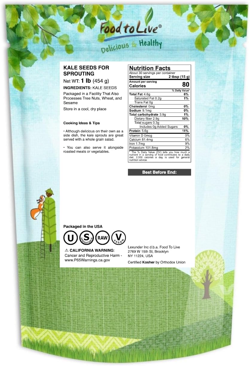 Food to Live - Kale Seeds, 1 Pound - Great for Sprouting and Planting, High Germination Rate, Non-Irradiated, Kosher, Vegan