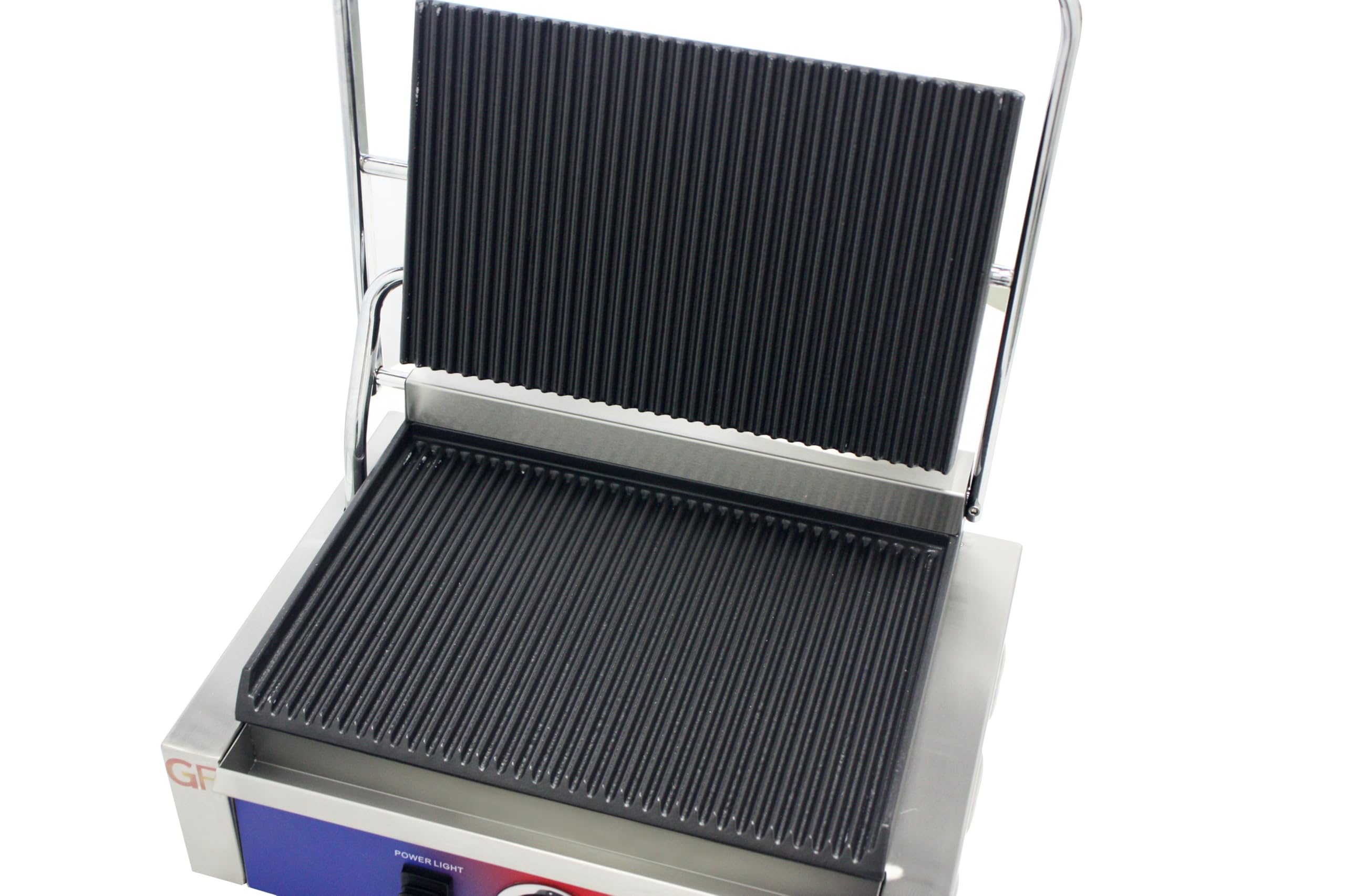 Professioneller elektrischer Kontaktgrill – Grillplatte für Gastgewerbe mit geriffelten Platten aus Gusseisen, Thermostat E.G.O, Edelstahl – Einfach/Doppel (Einzel)