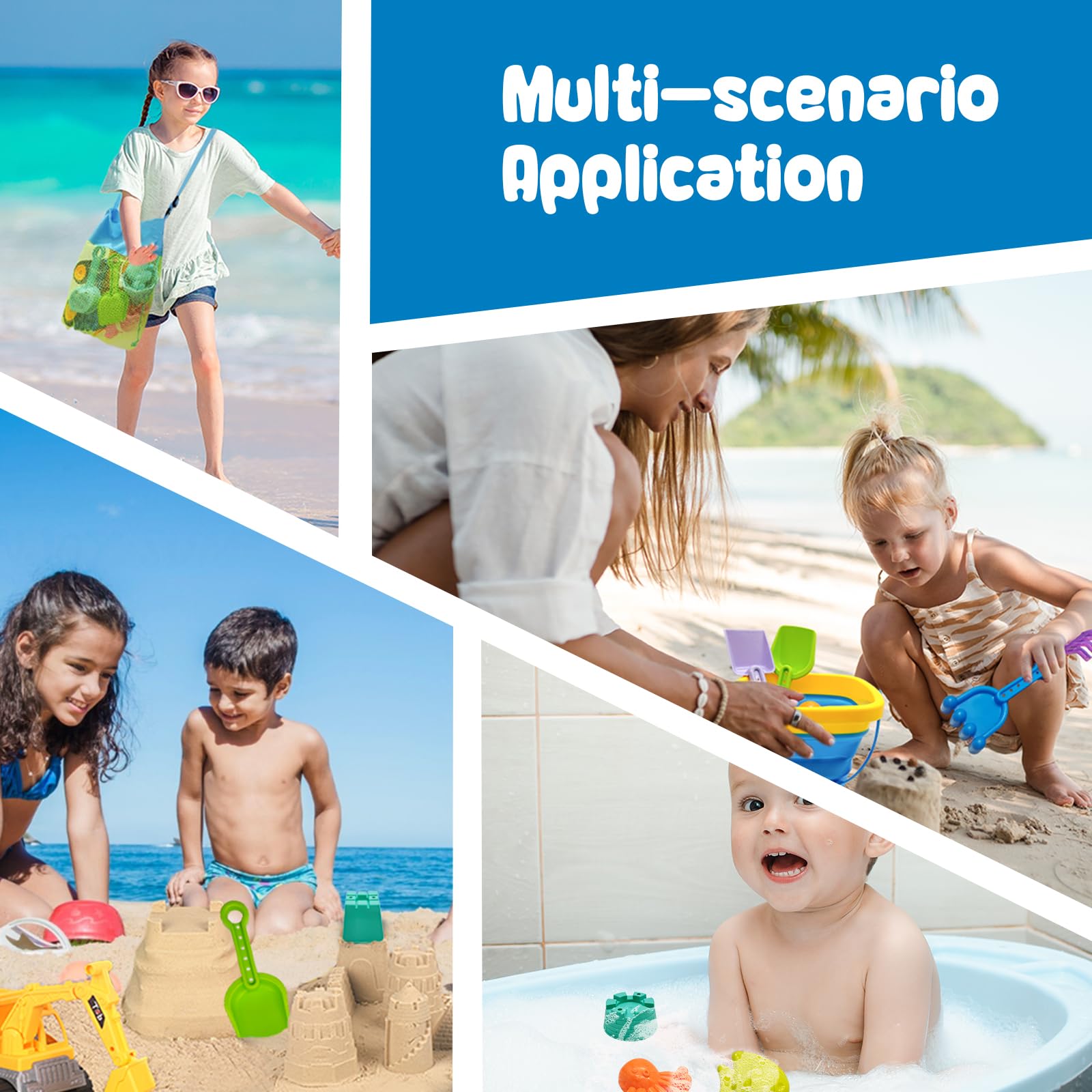Qingning Juguetes Playa Juguetes de Arena para Niños- 22 Piezas, Juguetes para la Arena con Cubo Plegable, Excavadora, Bulldozer, Pala y Moldes, Bolsa de Malla, Kit de Juegos de Playa al Aire Libre