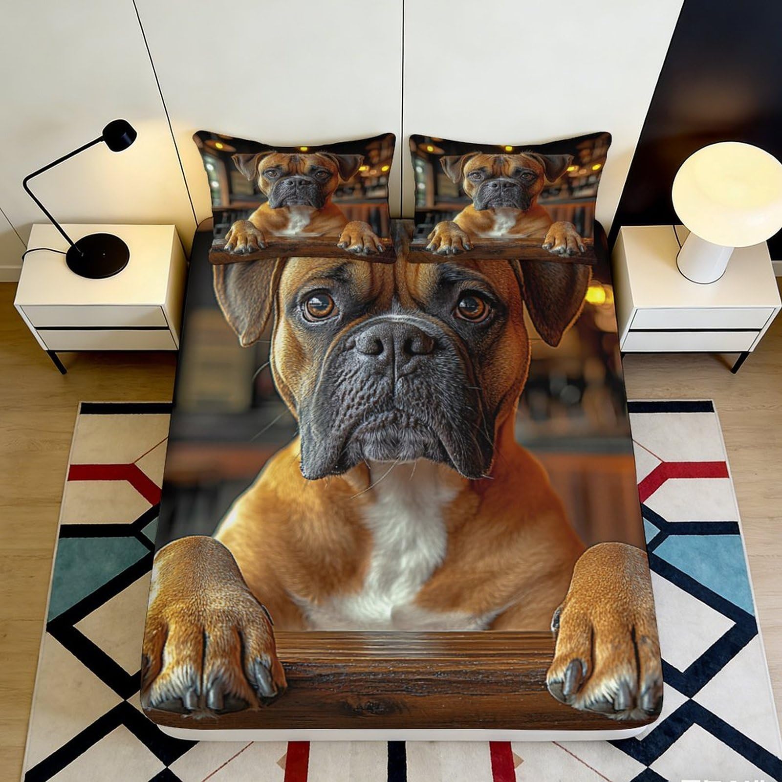 3D Printed Boxer Dog Fitted Sheet Microfiber Anti-Slip Mattress Cover for Bedroom Dorm Decor Easy Care 90x200x25cm