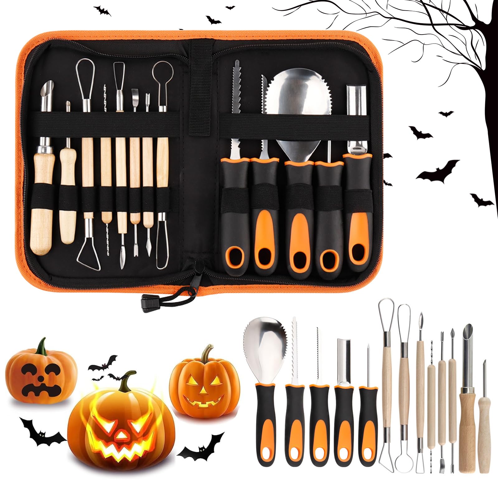 Set da intaglio zucca 13 pezzi in acciaio inox per Halloween con custodia