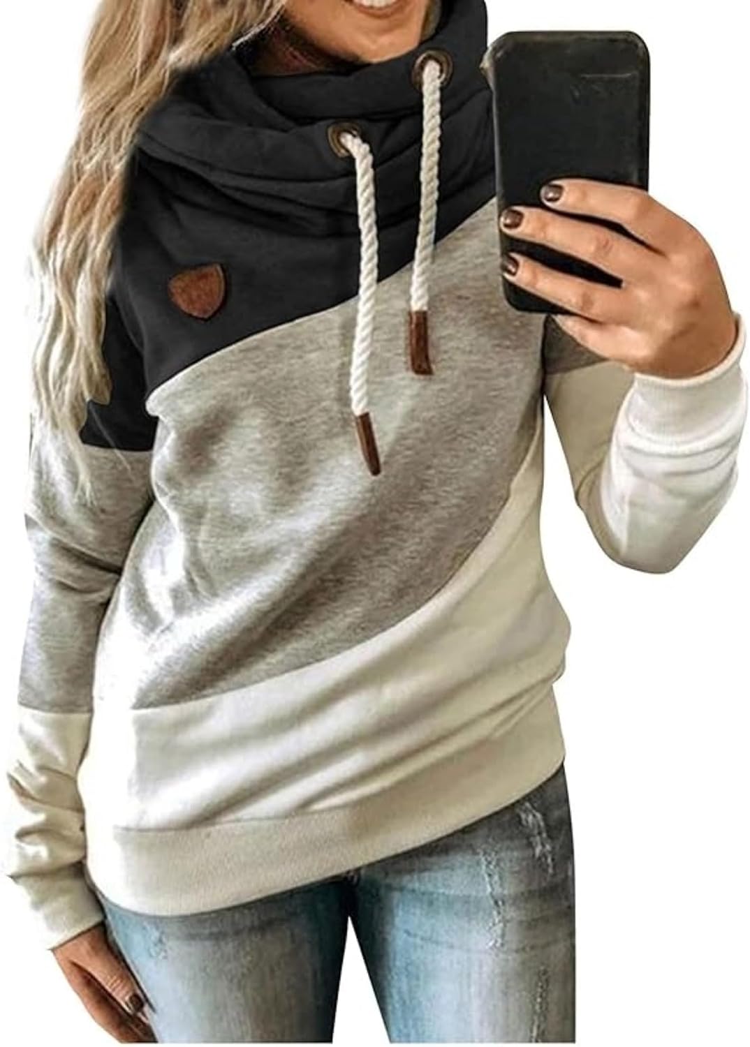 DGHM-JLMY Ladies Fashion Contrast Panel Hooded Sweatshirt Warm Double Hoodies Casual Pullover Loose Hooded Sweatshirt