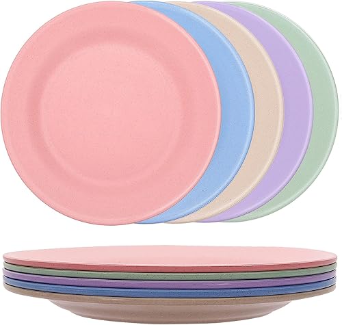Paquete de 5 platos llanos de paja de trigo, 11 pulgadas de profundidad irrompible, reutilizables, ligeros, aptos para lavavajillas y microondas,